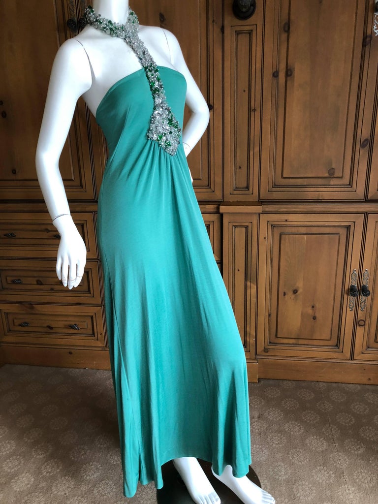 Loris Azzaro Couture Green Jersey Evening Dress with Jewel Collar ...