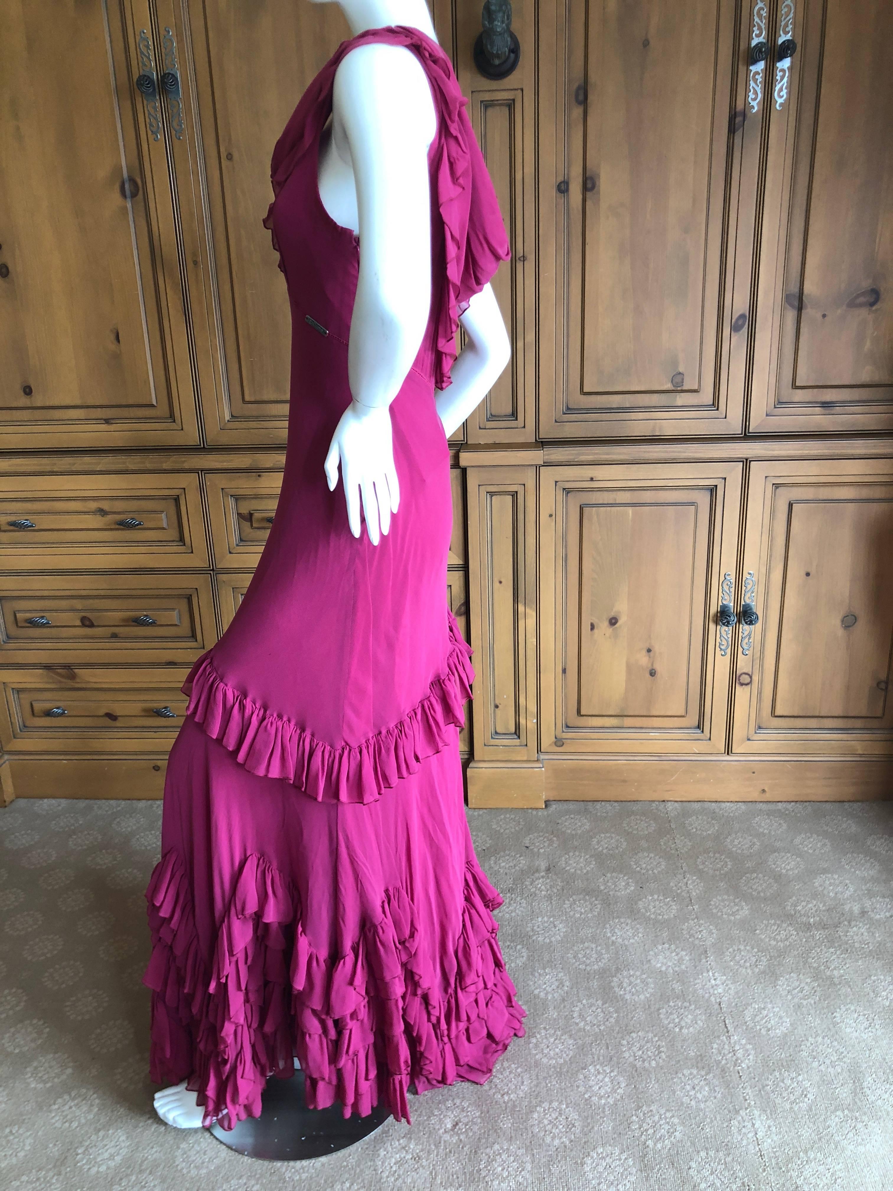 John Galliano Raspberry Sheer Vintage Silk Ruffled Evening Dress with Cowl Back 
Size 42
New with Tags
 Bust 38