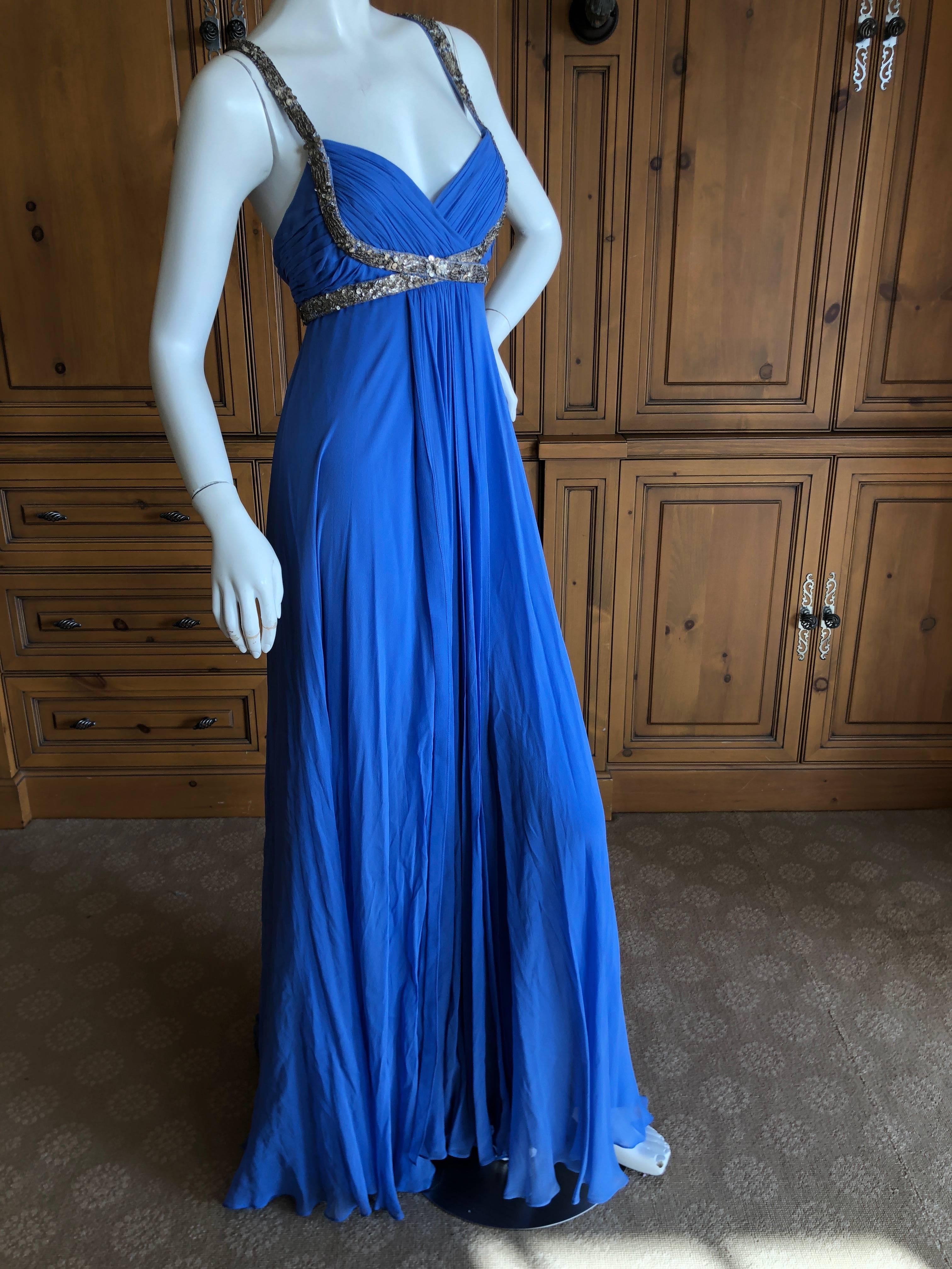 Marchesa Notte Silver Sequin Accented Blue Grecian Gown In Excellent Condition For Sale In Cloverdale, CA