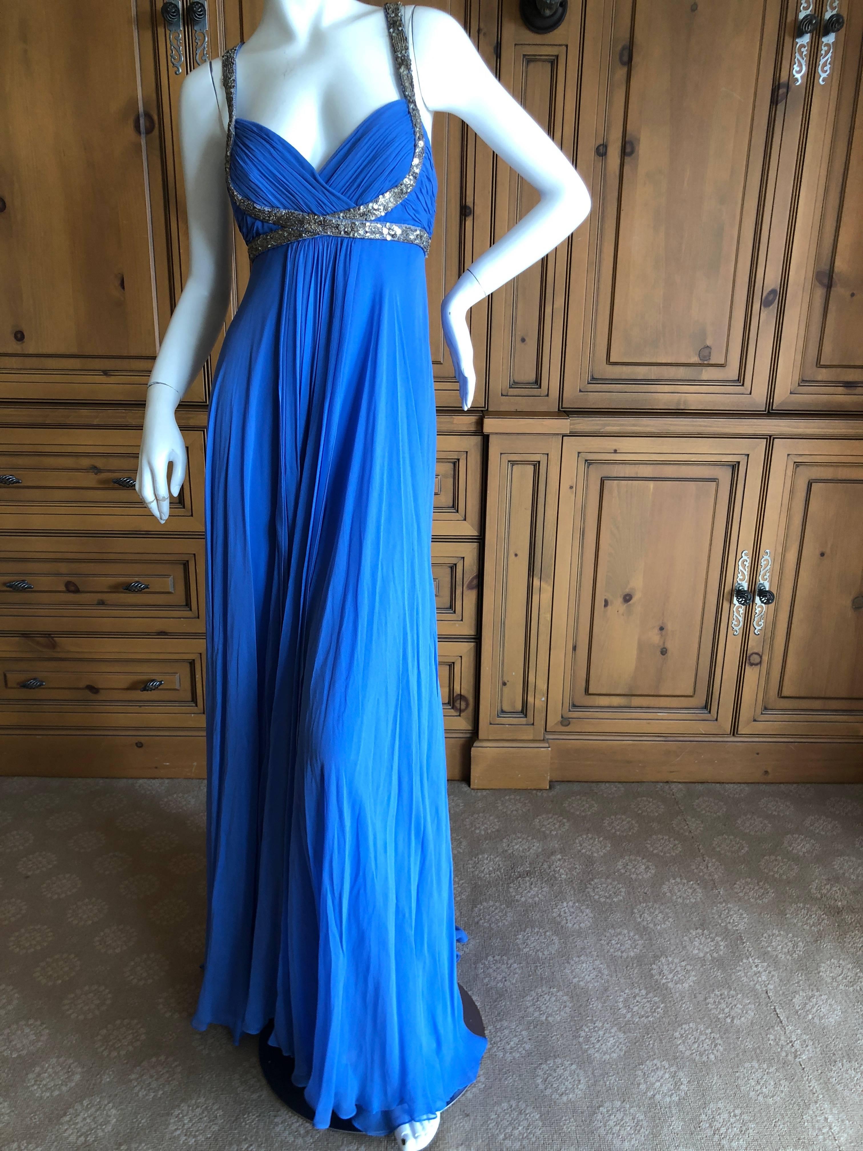 Marchesa Notte Silver Sequin Accented Blue Grecian Gown.
This is so pretty, from Marchesa Notte's first collection.
Size 10
Bust  36