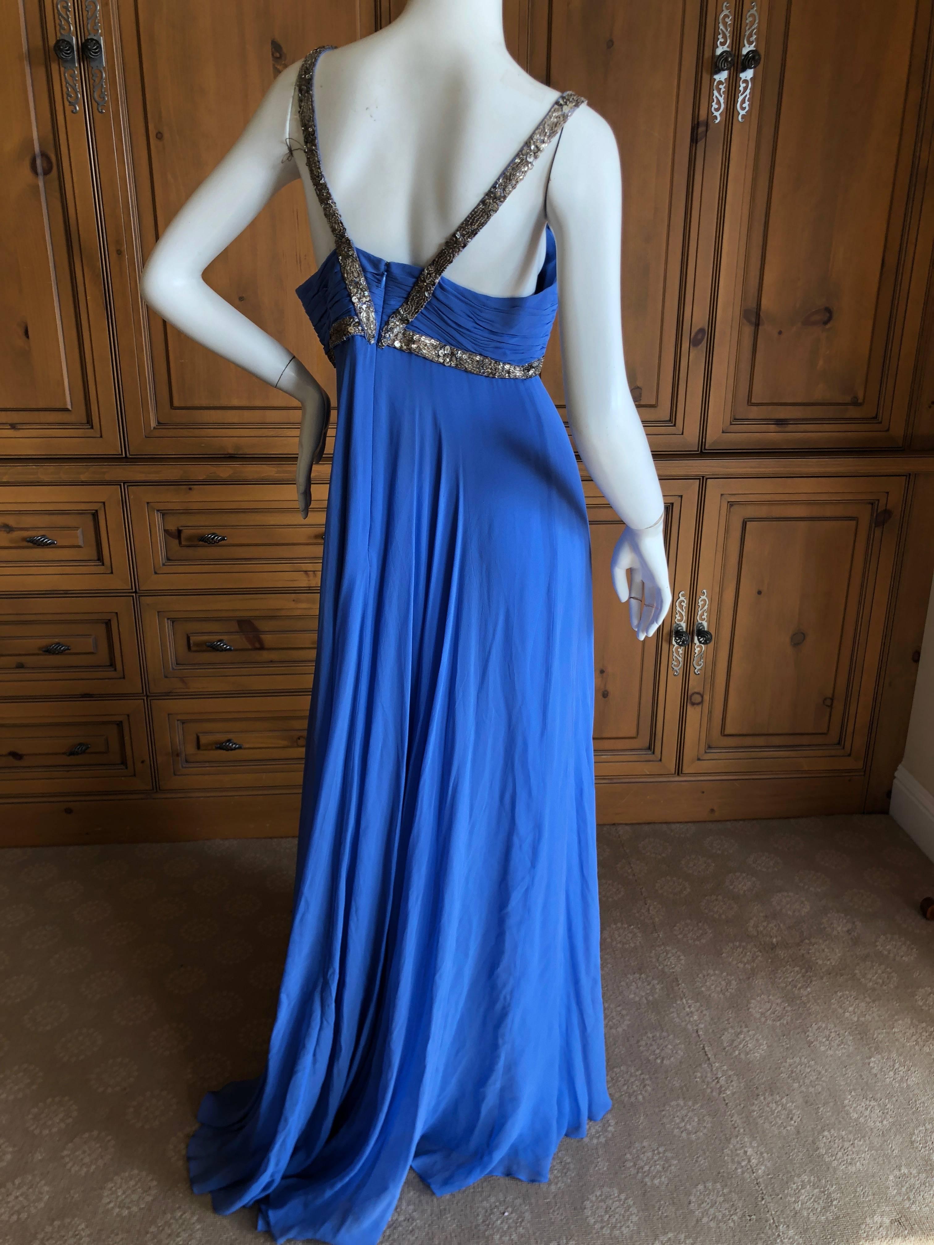 Women's Marchesa Notte Silver Sequin Accented Blue Grecian Gown For Sale