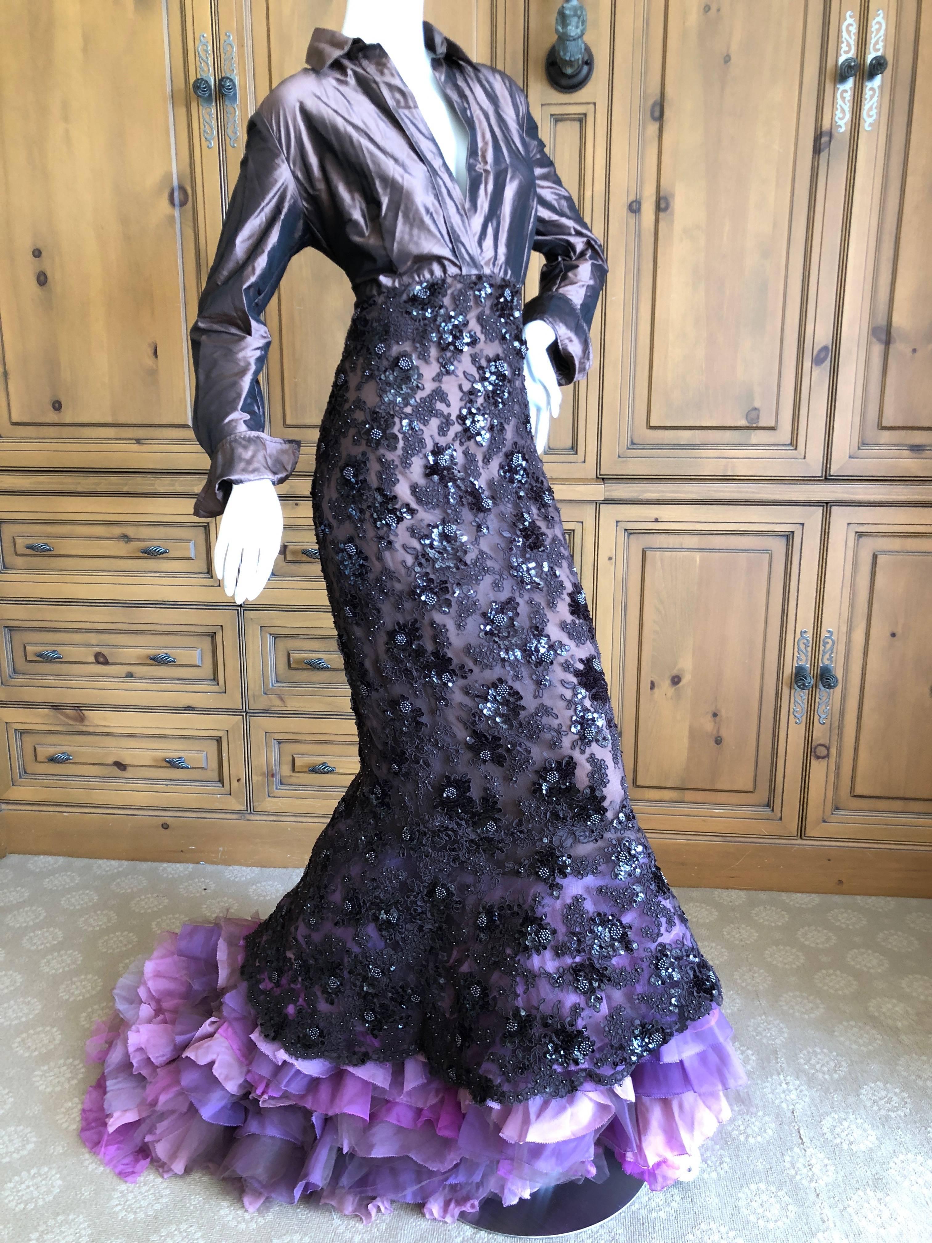 Isaac Mizrahi Embellished Evening Gown with Ruffled Flamenco Tulle Train In Excellent Condition For Sale In Cloverdale, CA