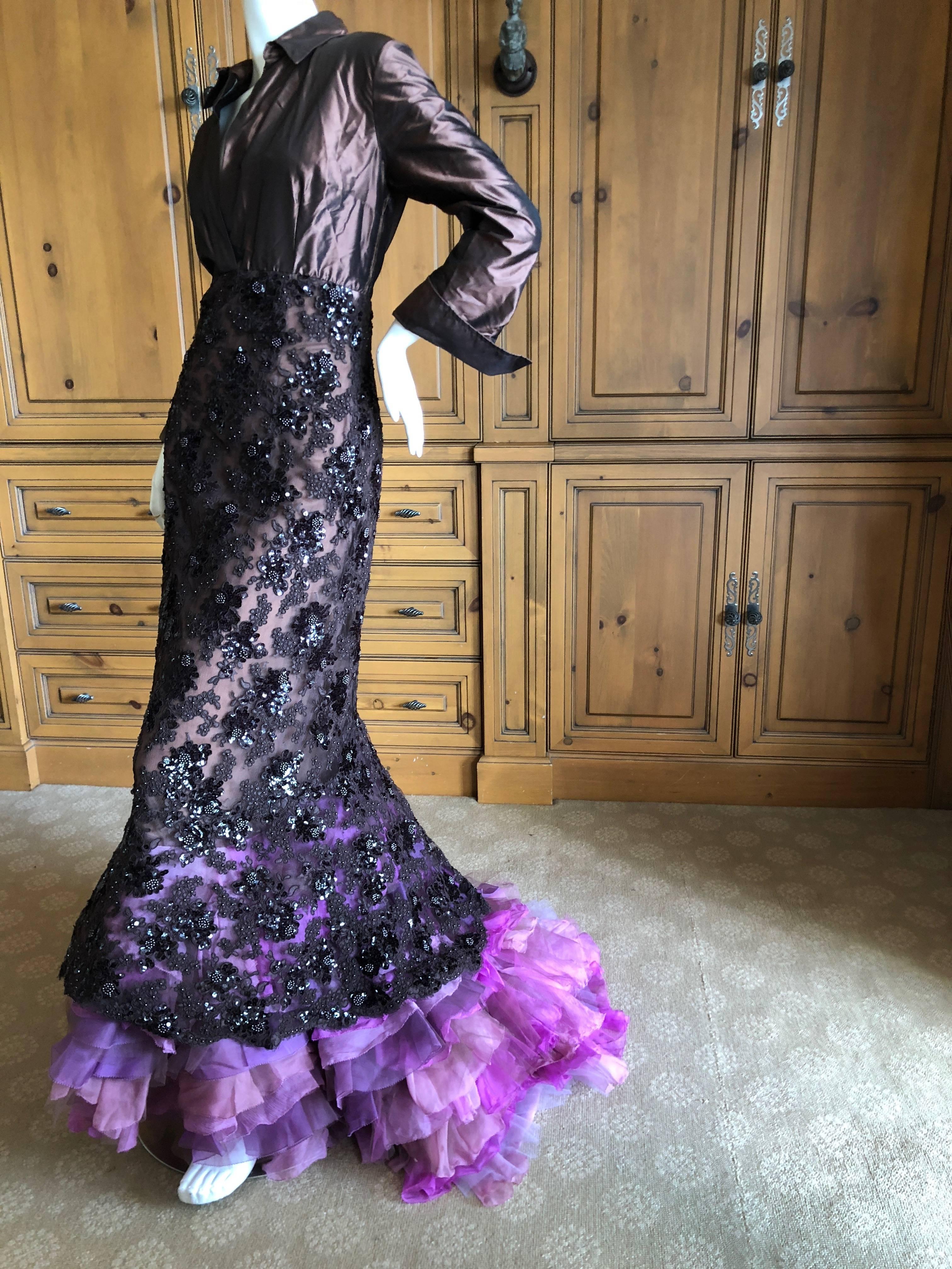 Isaac Mizrahi Embellished Evening Gown with Ruffled Flamenco Tulle Train.
This is exquisite, so much prettier in person.
Styled as a simple shirt at the top with beautiful sequin and bead embellished flowers on sheer lace, over many layers of