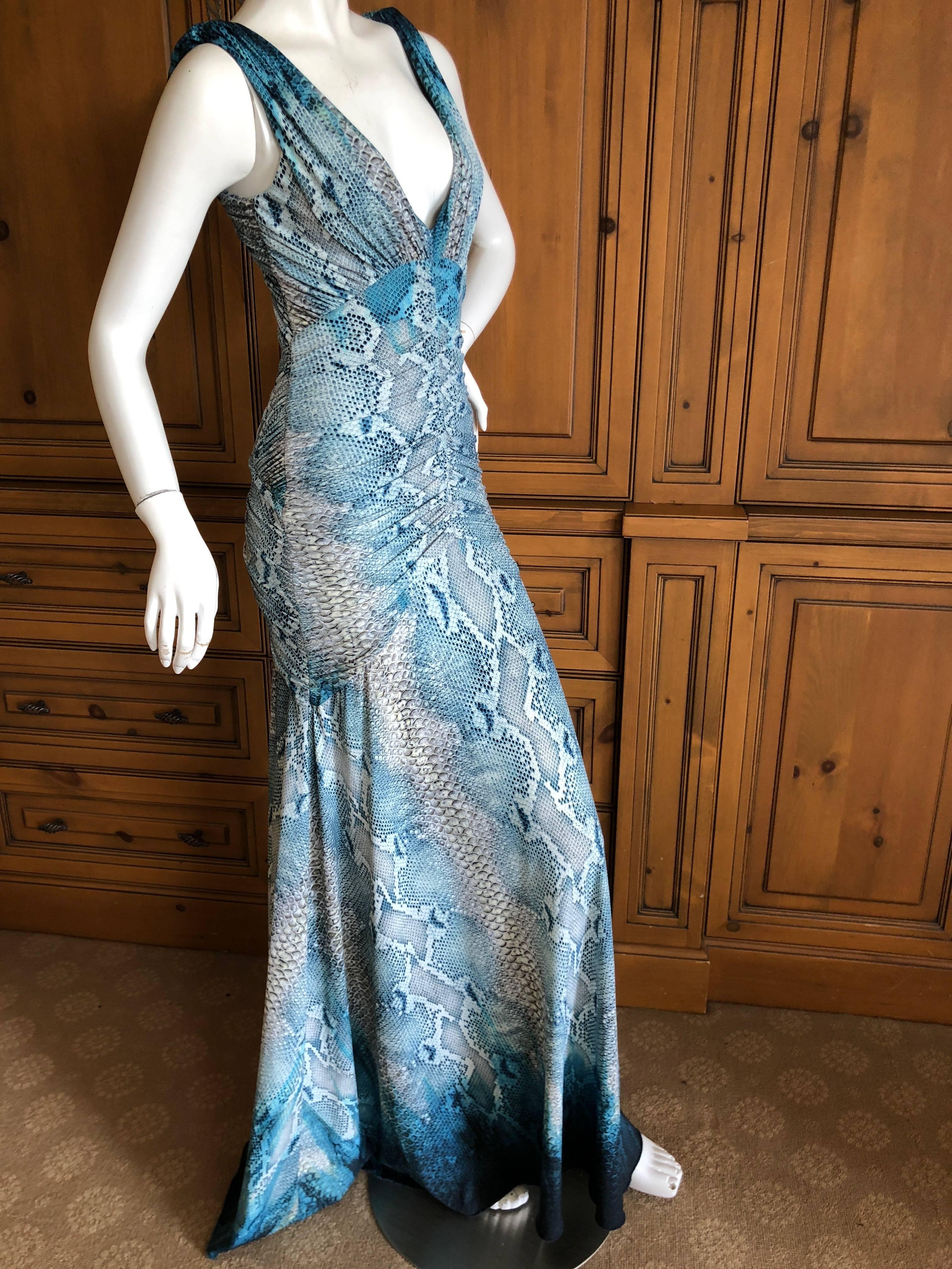 Women's Roberto Cavalli Vintage Snake Print Ruched Low Cut Evening Dress  For Sale