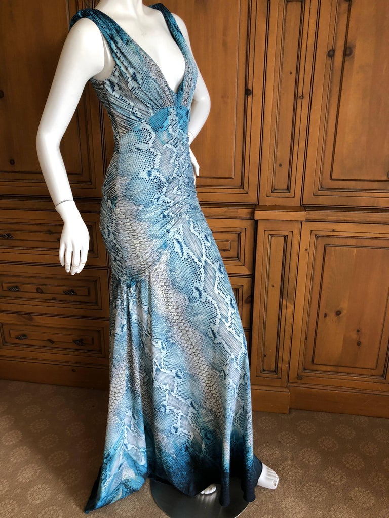 Roberto Cavalli Vintage Snake Print Ruched Low Cut Evening Dress For ...