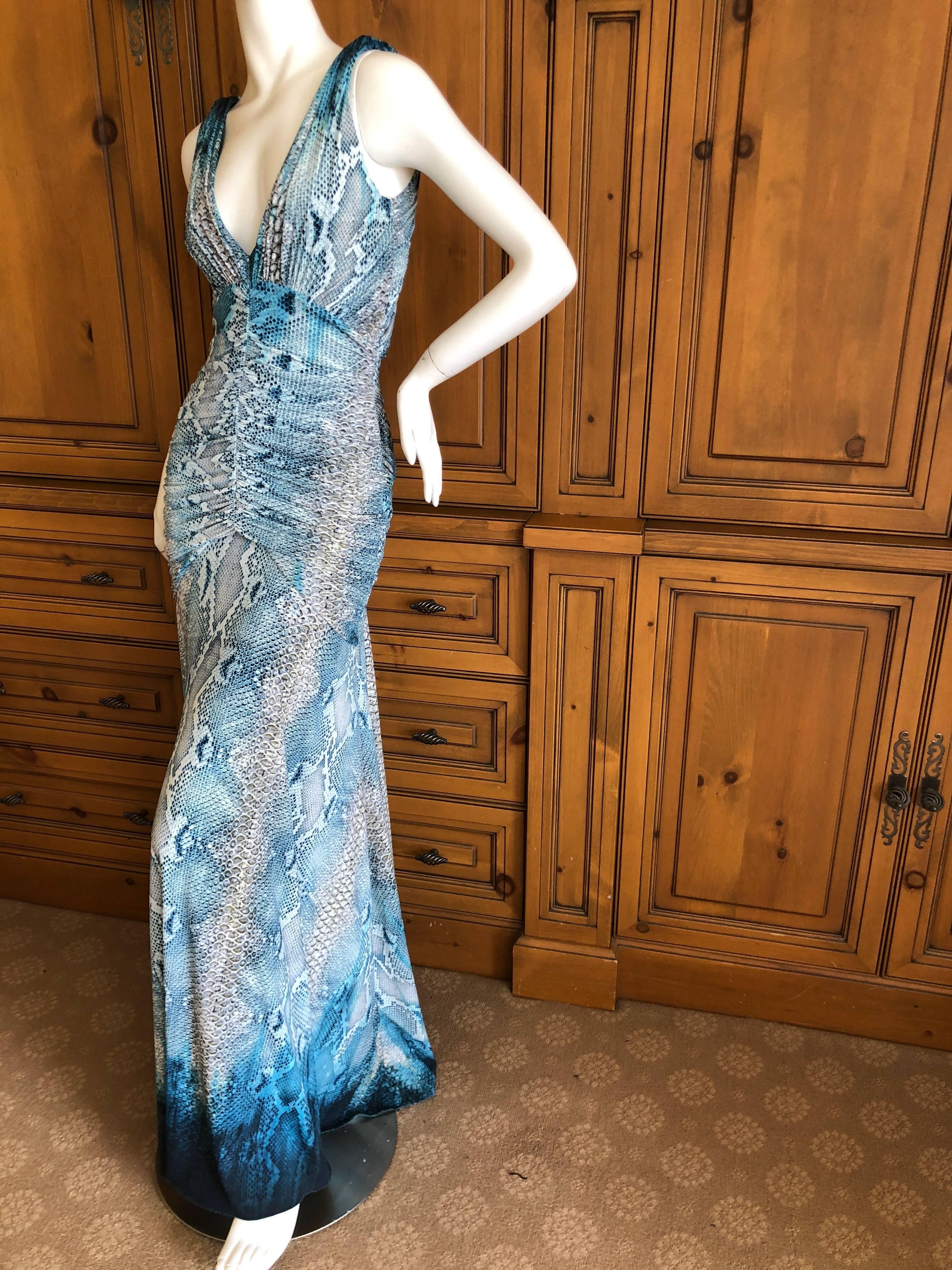 Roberto Cavalli Vintage Snake Print Ruched Low Cut Evening Dress  In Excellent Condition For Sale In Cloverdale, CA