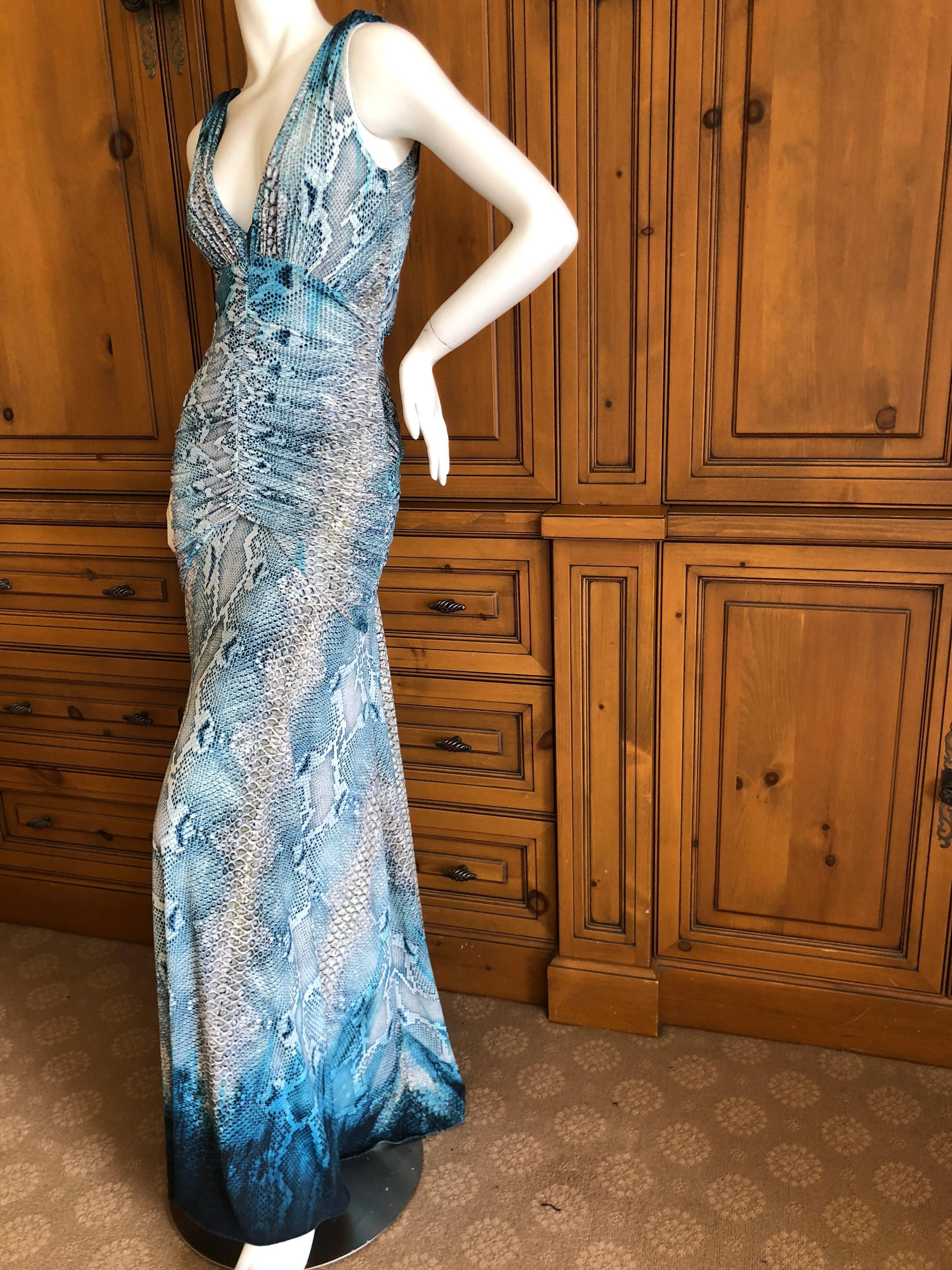 Roberto Cavalli Vintage Snake Print Ruched Low Cut Evening Dress  For Sale 1