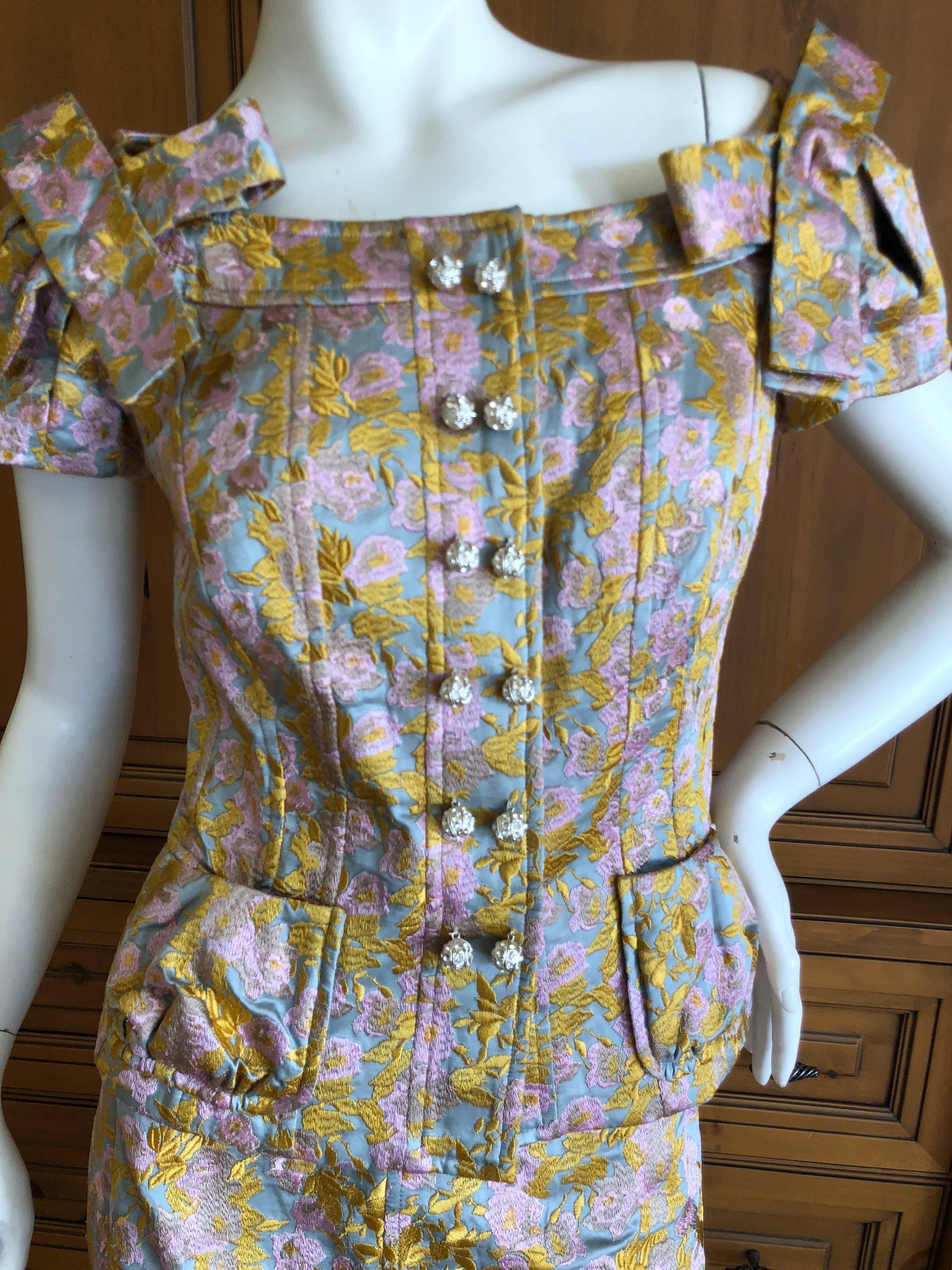 Christian Lacroix Shimmery Floral Brocade Skirt Suit with Crystal Buttons In Excellent Condition In Cloverdale, CA