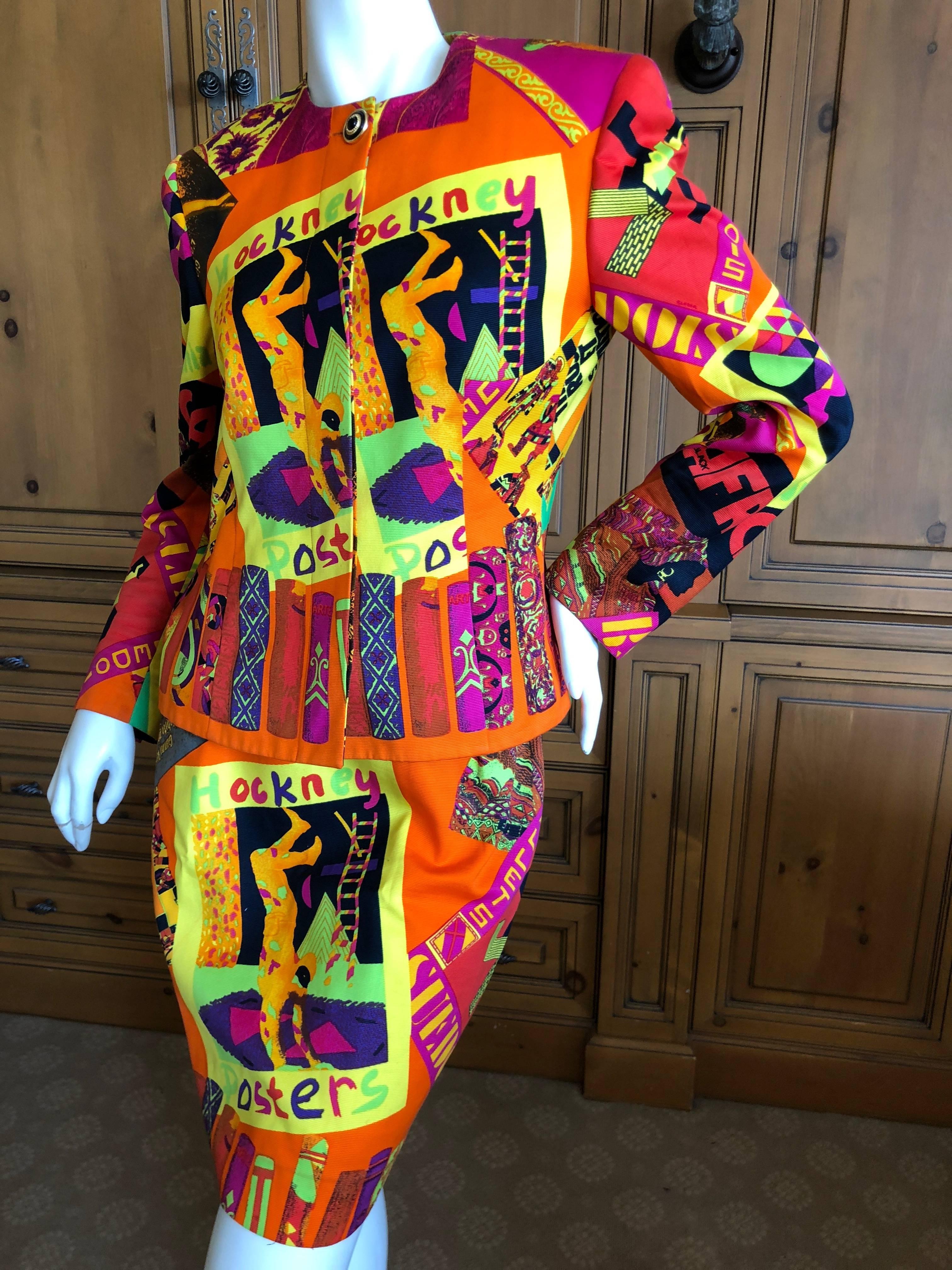 Gianni Versace Instante 1987 David Hockney Poster Russian Ballet Print Cotton Skirt Suit
Size 44.
In Excellent Condition.
Bust 36