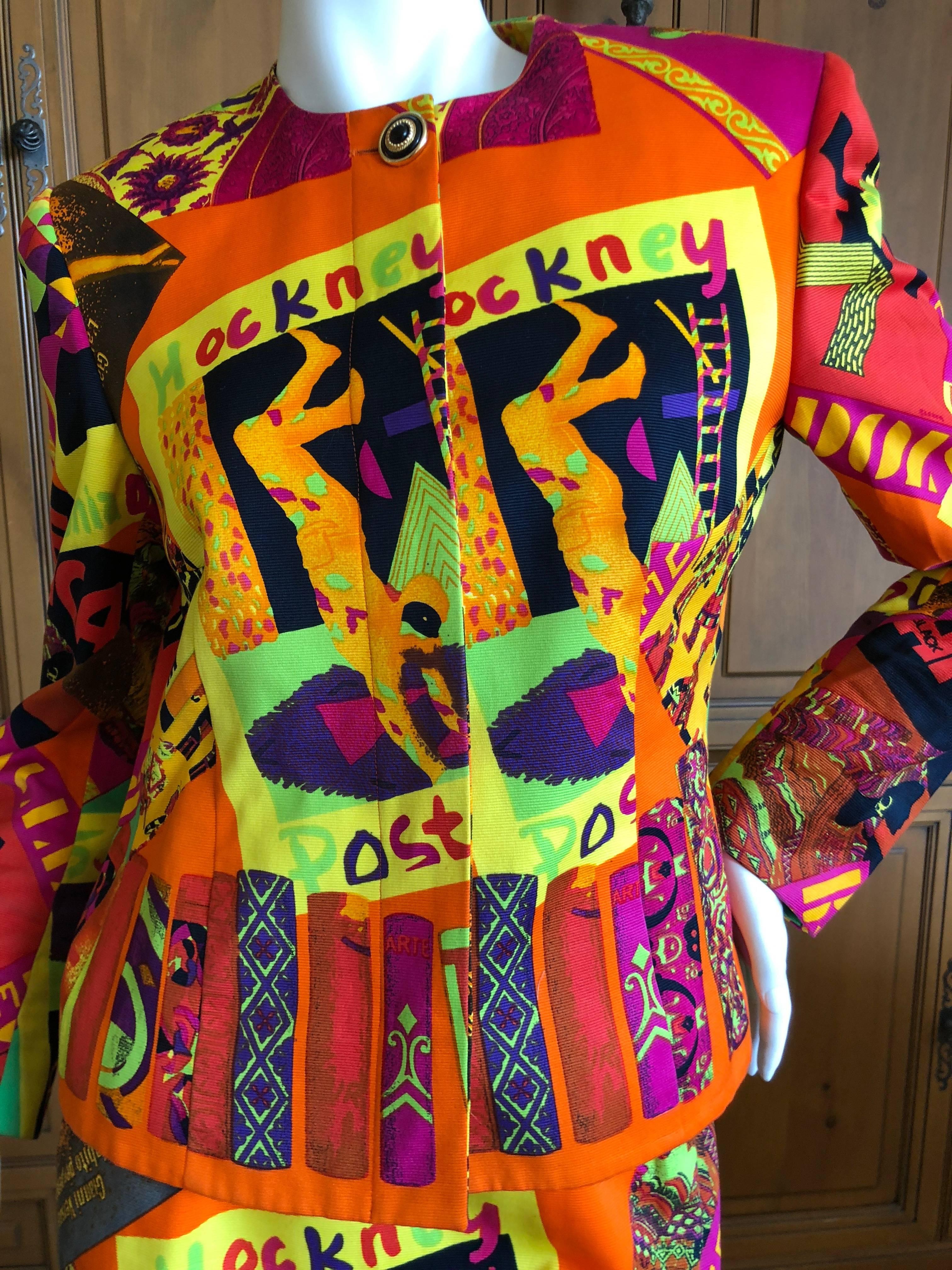 Gianni Versace 1987 David Hockney Poster Russian Ballet Print Cotton Skirt Suit In Excellent Condition For Sale In Cloverdale, CA