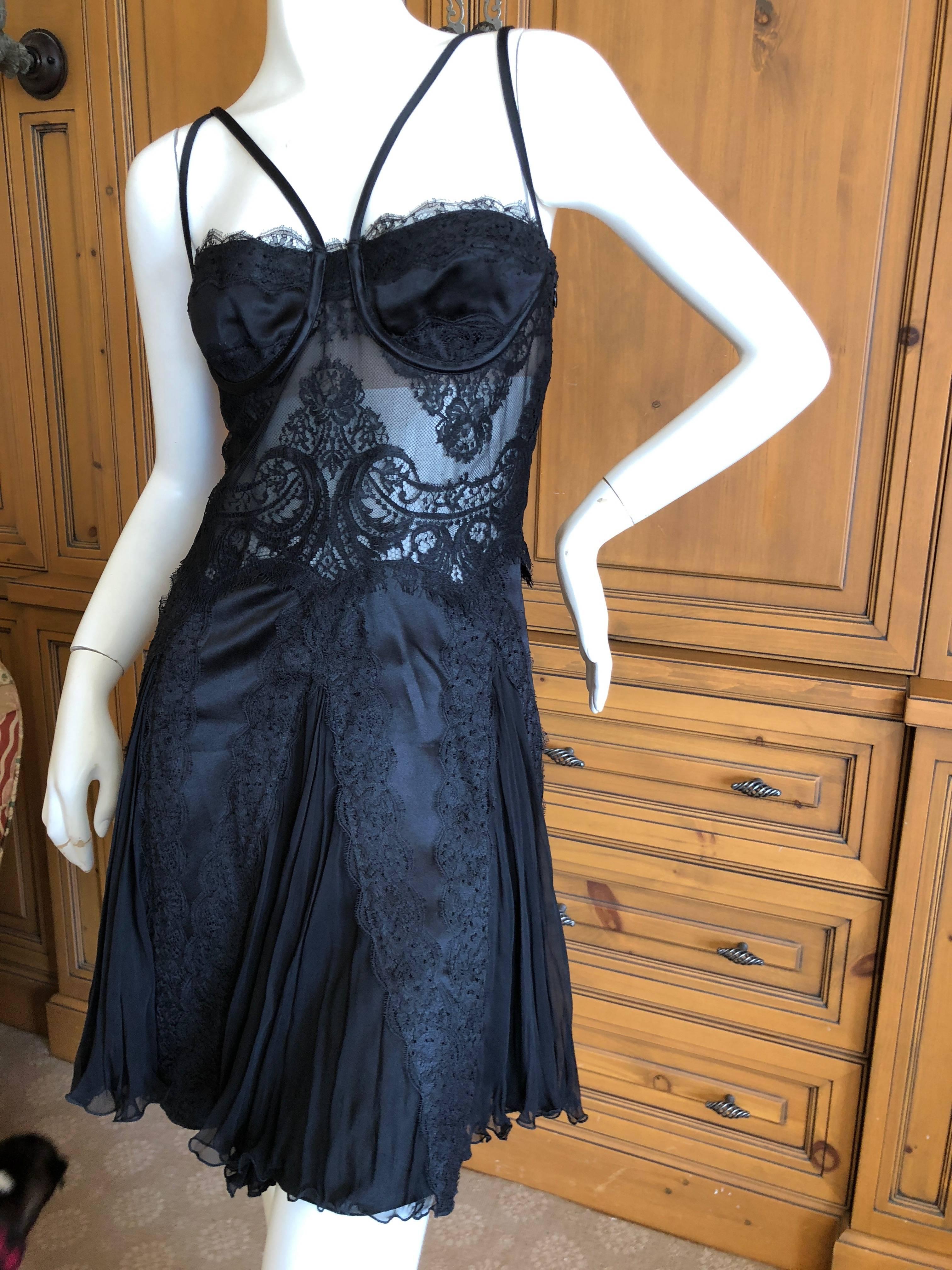 Versace Sheer Lace Accented Vintage Black Lace Mini Cocktail Dress In Excellent Condition For Sale In Cloverdale, CA