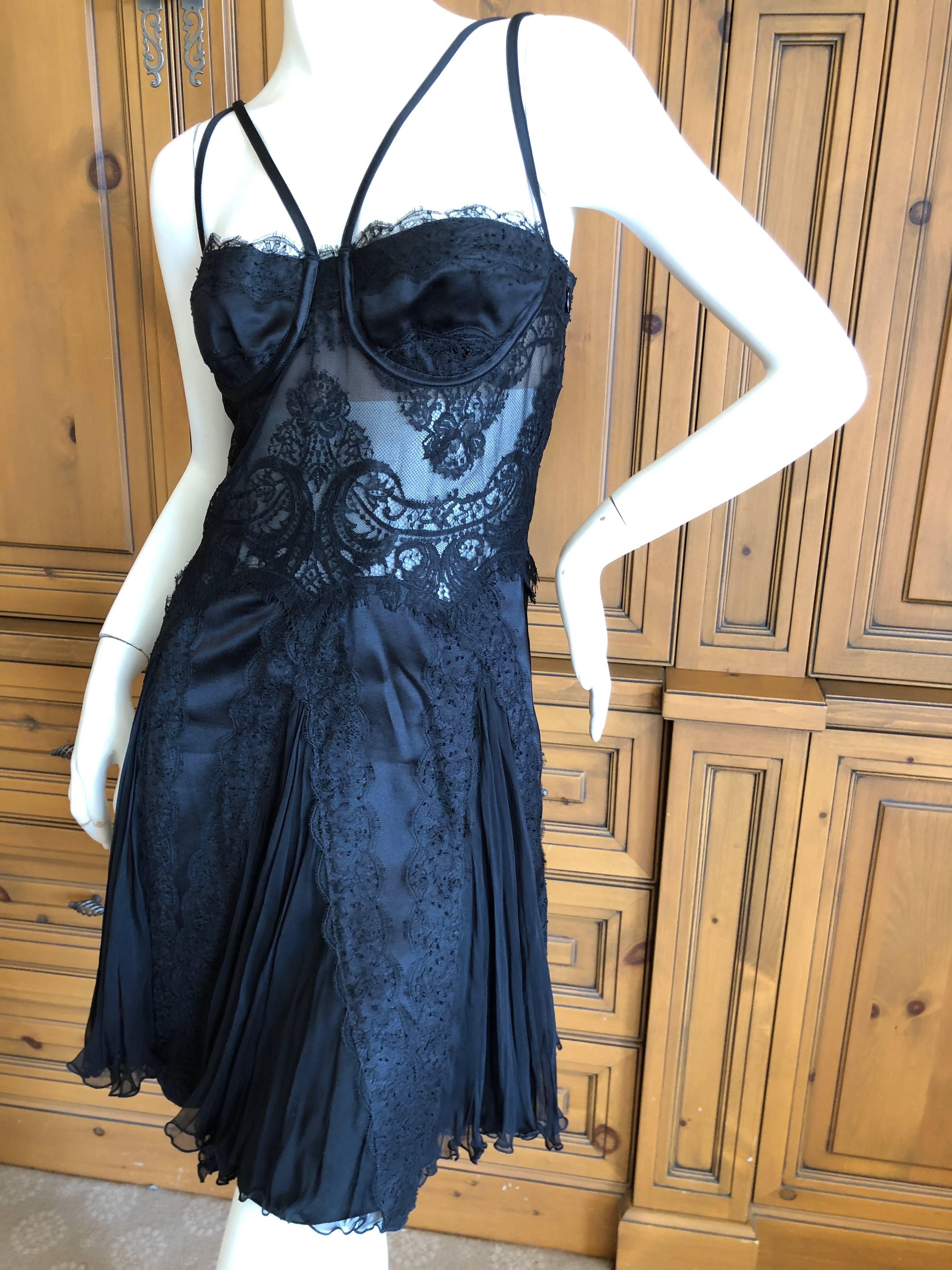 Women's Versace Sheer Lace Accented Vintage Black Lace Mini Cocktail Dress For Sale