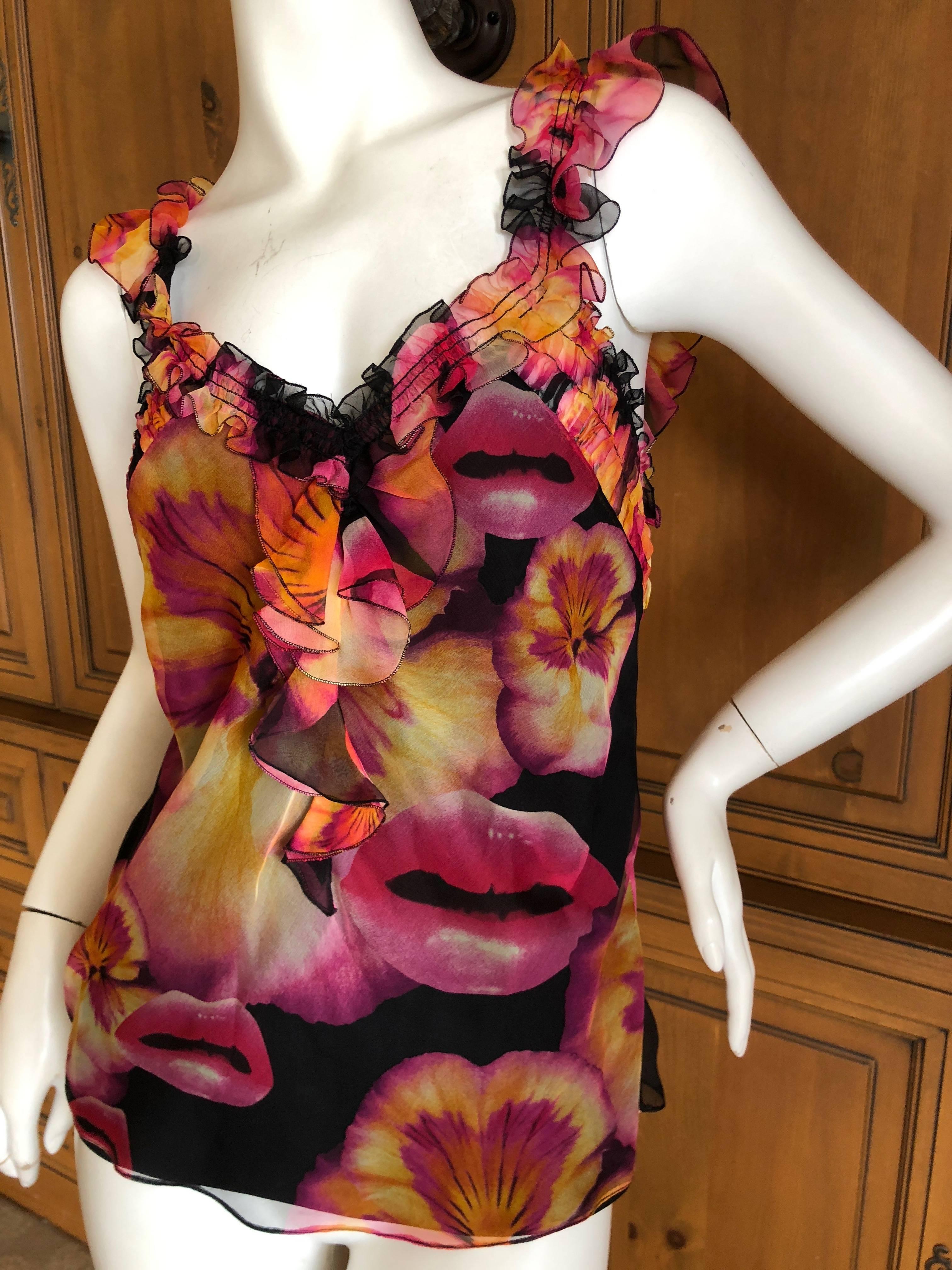 Christian Dior by Galliano Surreal Silk Lip & Pansy Print Silk Camisole Tank Top In Excellent Condition For Sale In Cloverdale, CA