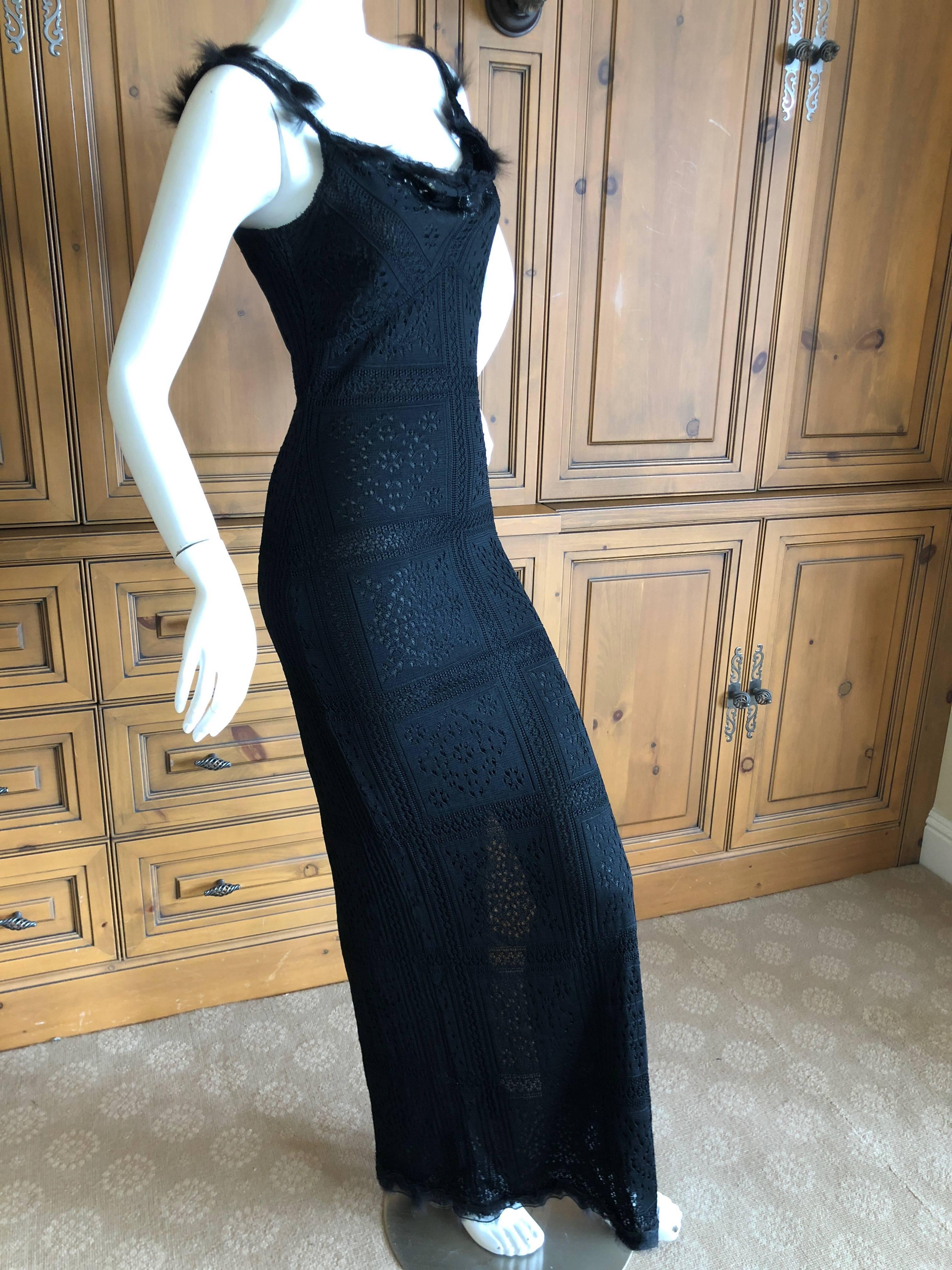 John Galliano Label Sheer Black Knit High Slit Feather Trim Dress, Early 1990s In Excellent Condition For Sale In Cloverdale, CA