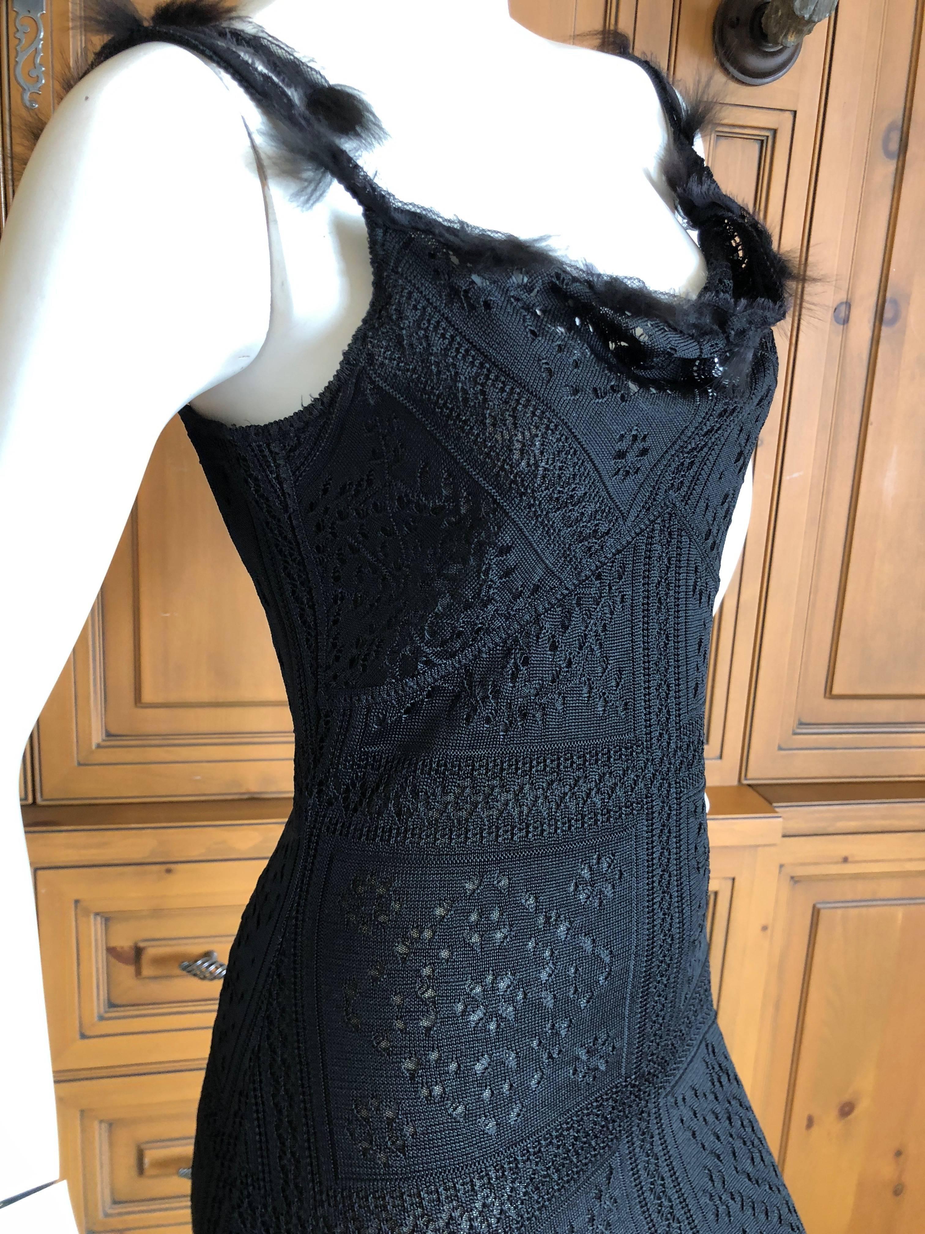 Women's John Galliano Label Sheer Black Knit High Slit Feather Trim Dress, Early 1990s For Sale