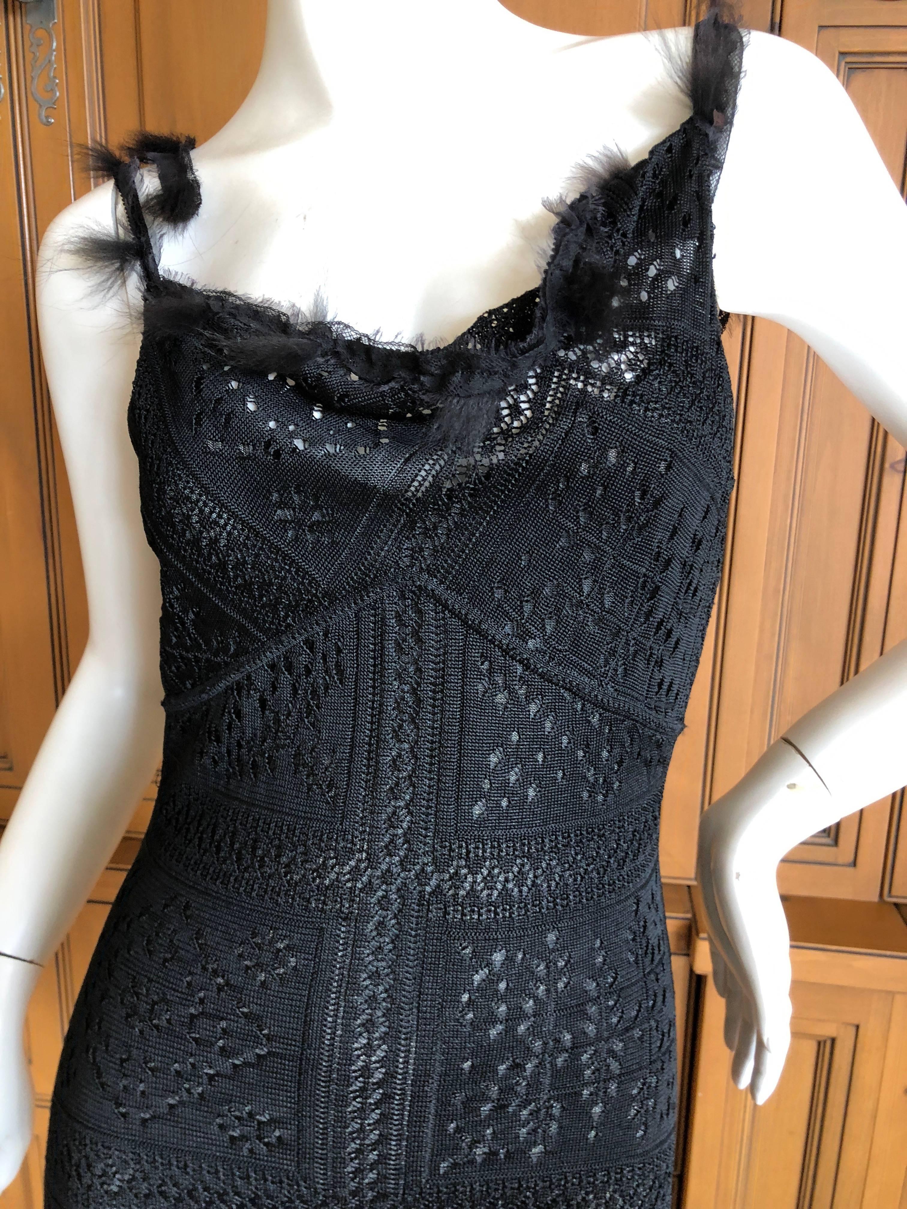 John Galliano Label Sheer Black Knit High Slit Feather Trim Dress, Early 1990s For Sale 1