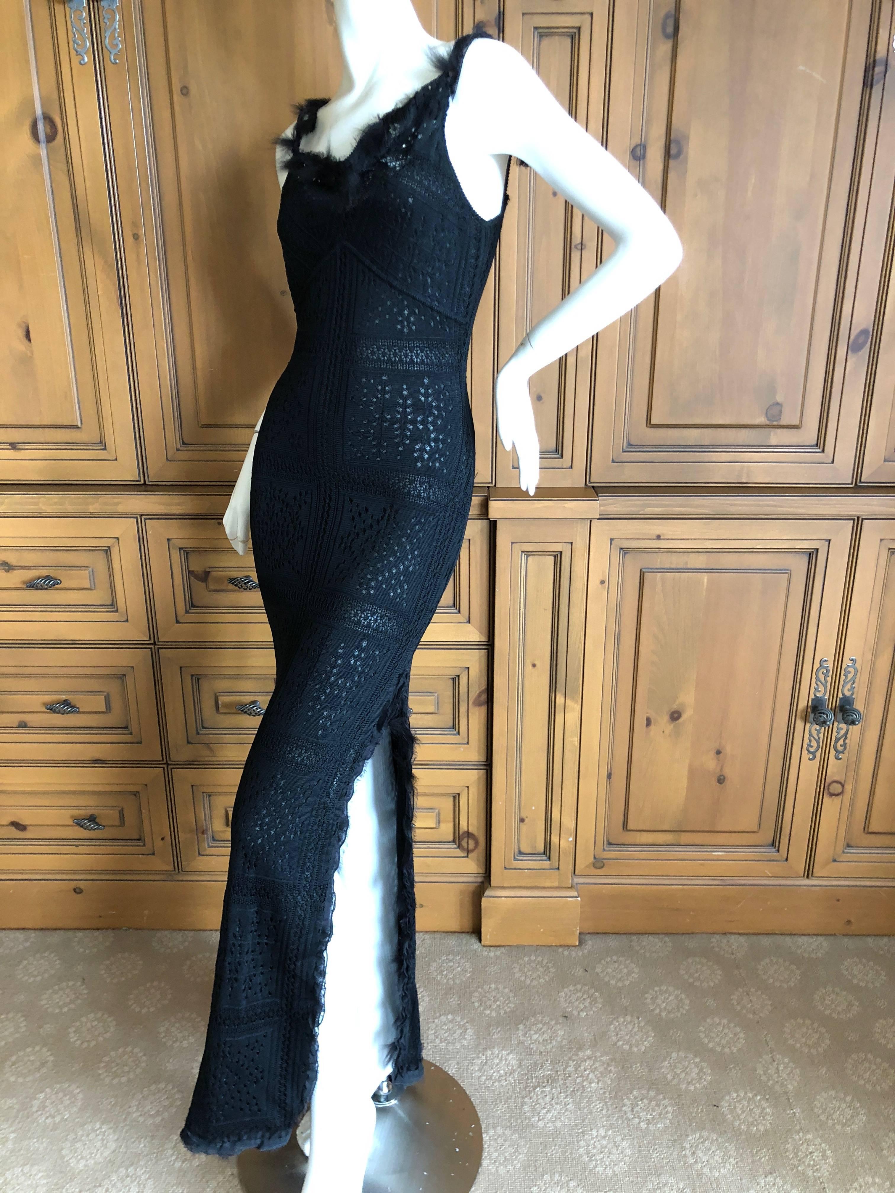 John Galliano Label Sheer Black Knit High Slit Feather Trim Dress, Early 1990s For Sale 2