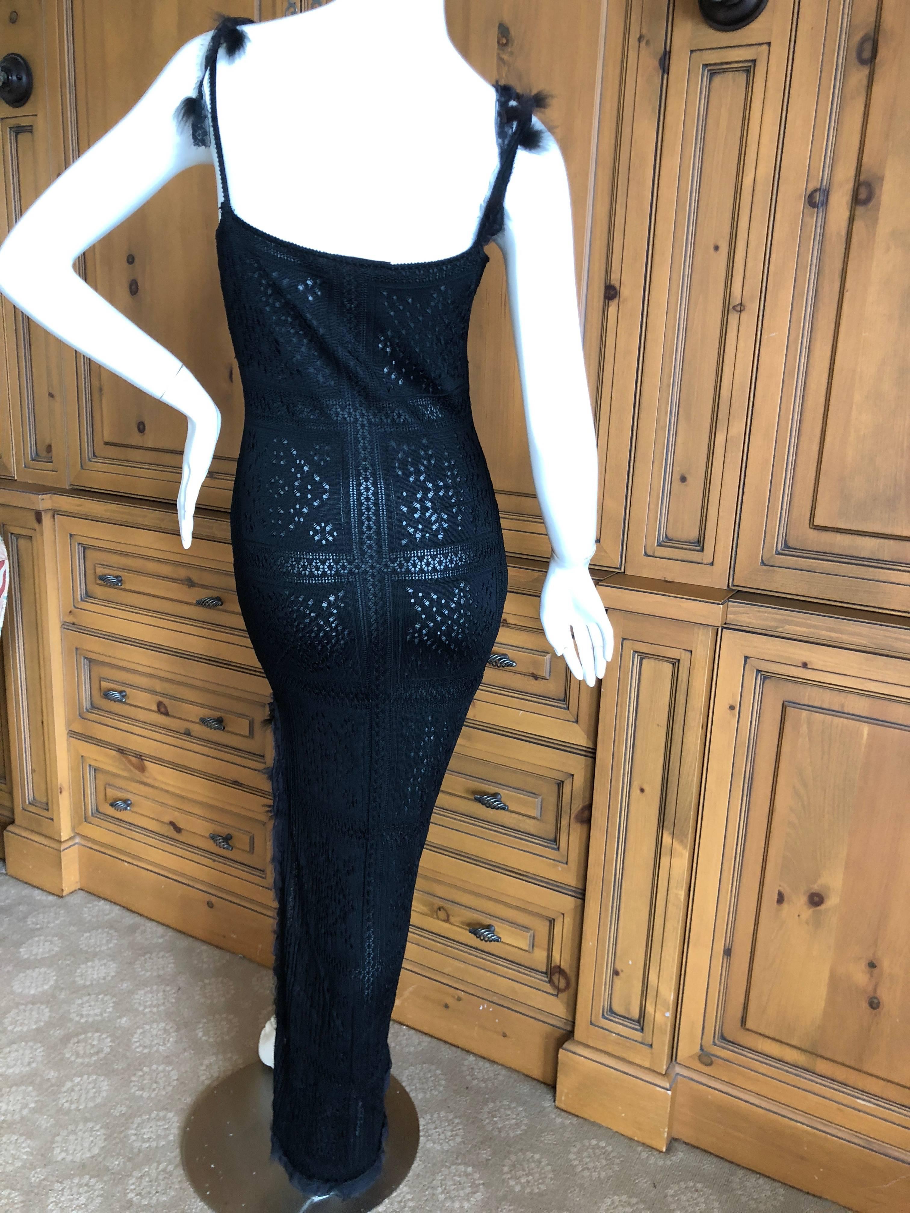 John Galliano Label Sheer Black Knit High Slit Feather Trim Dress, Early 1990s For Sale 3