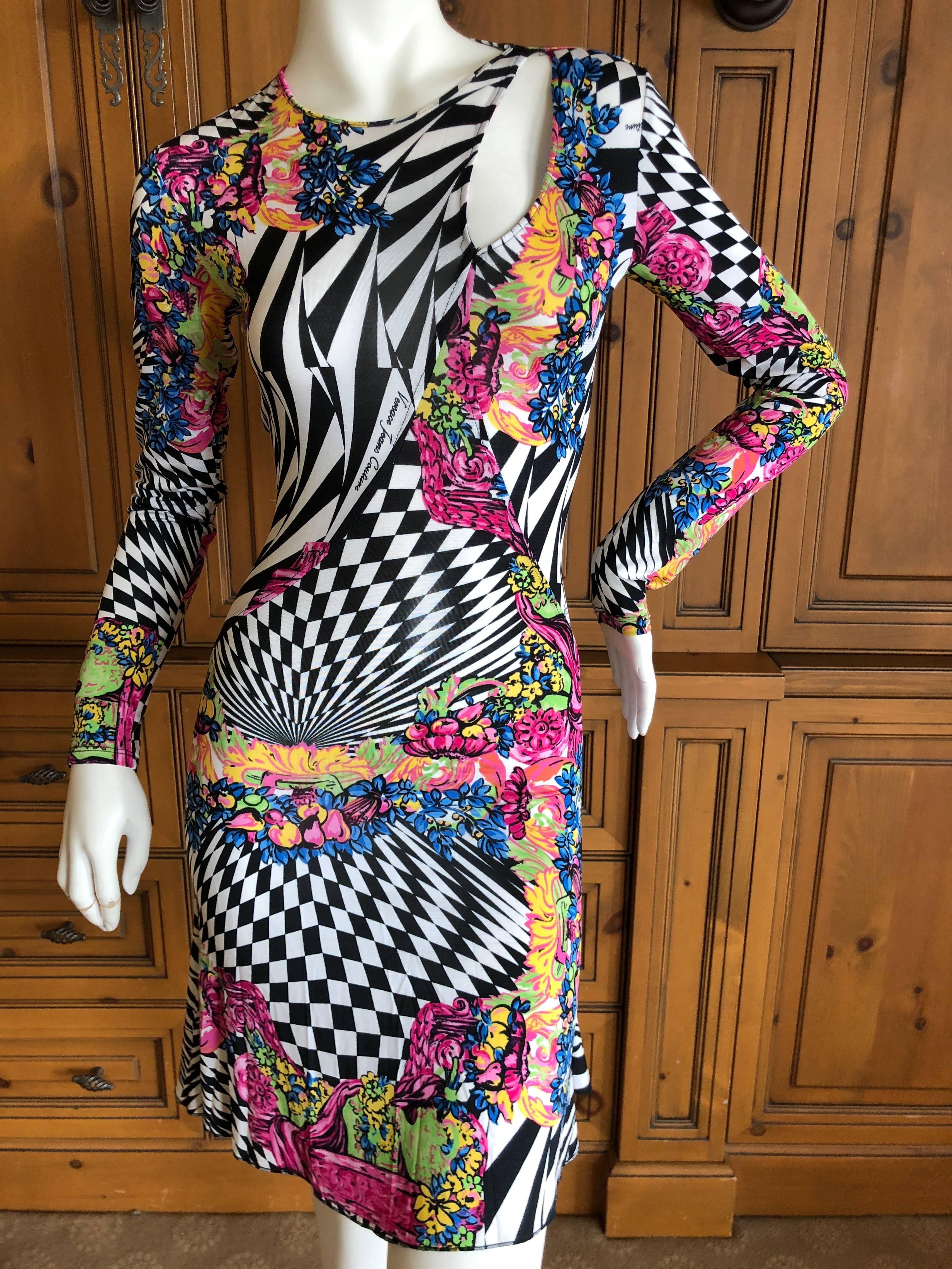 Versace Jeans Couture Colorful Vintage Op Art Print Keyhole Cocktail Dress In Excellent Condition For Sale In Cloverdale, CA
