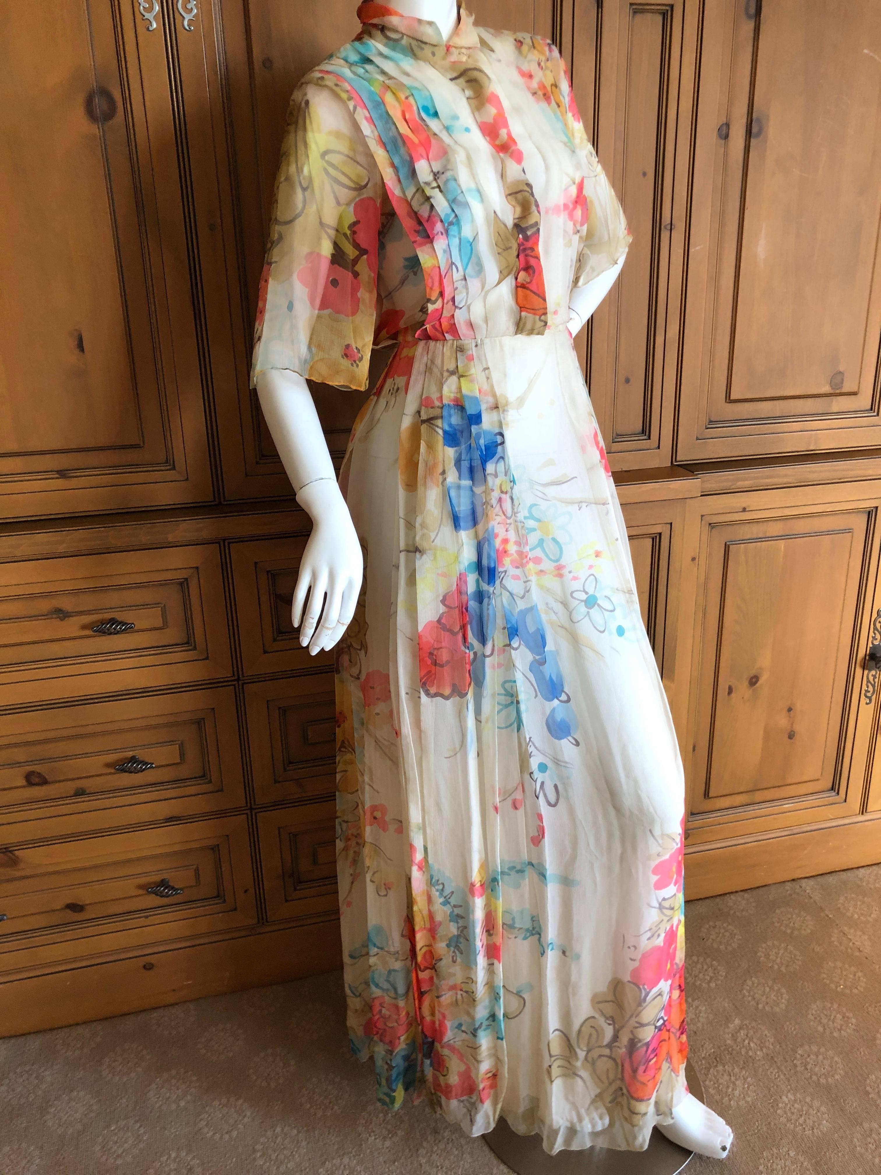 Cardinali Elegant Pleated Ivory Floral Silk Short Sleeve Evening Dress  In Good Condition For Sale In Cloverdale, CA