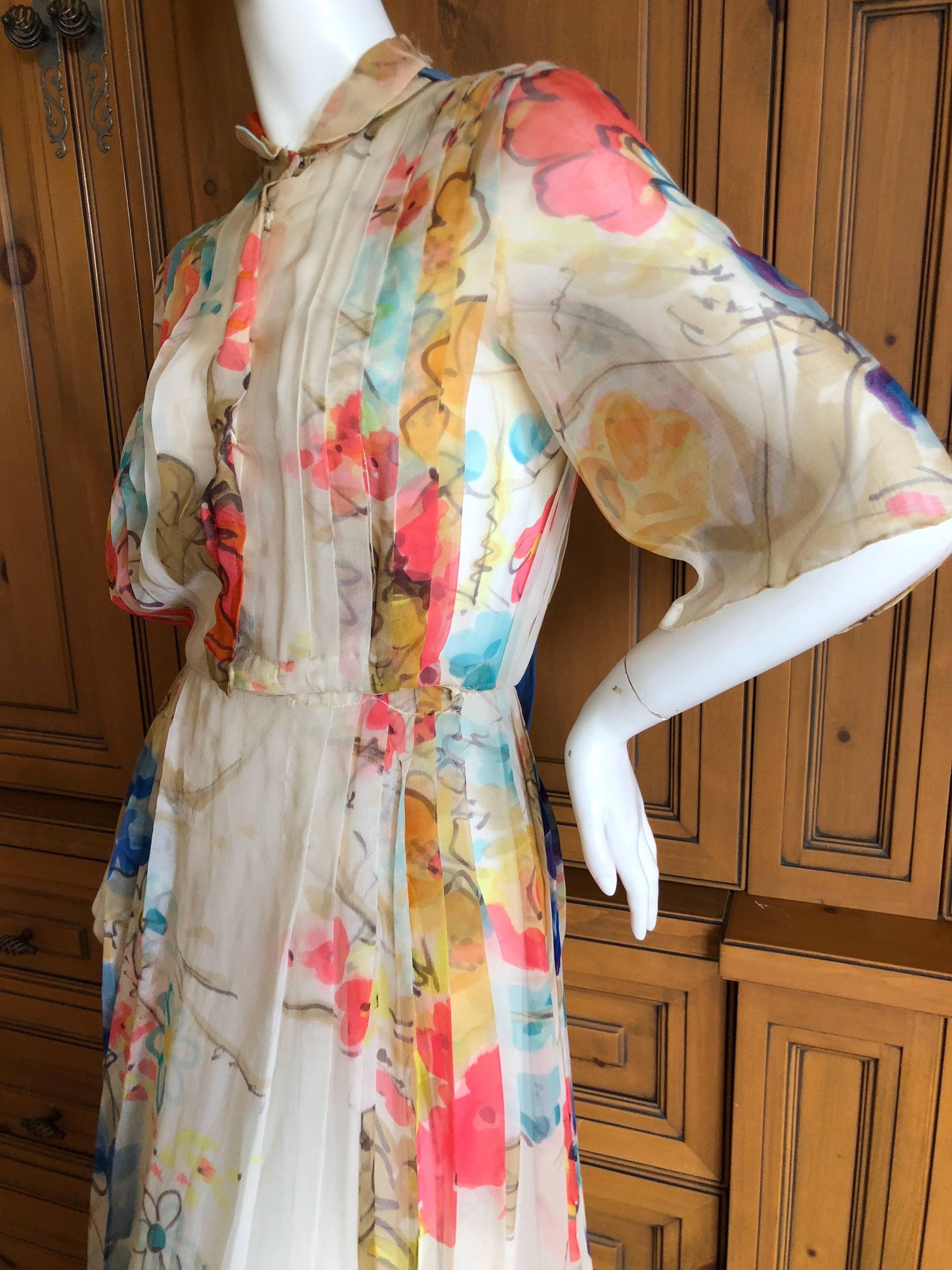 Cardinali Elegant Pleated Ivory Floral Silk Short Sleeve Evening Dress  For Sale 3