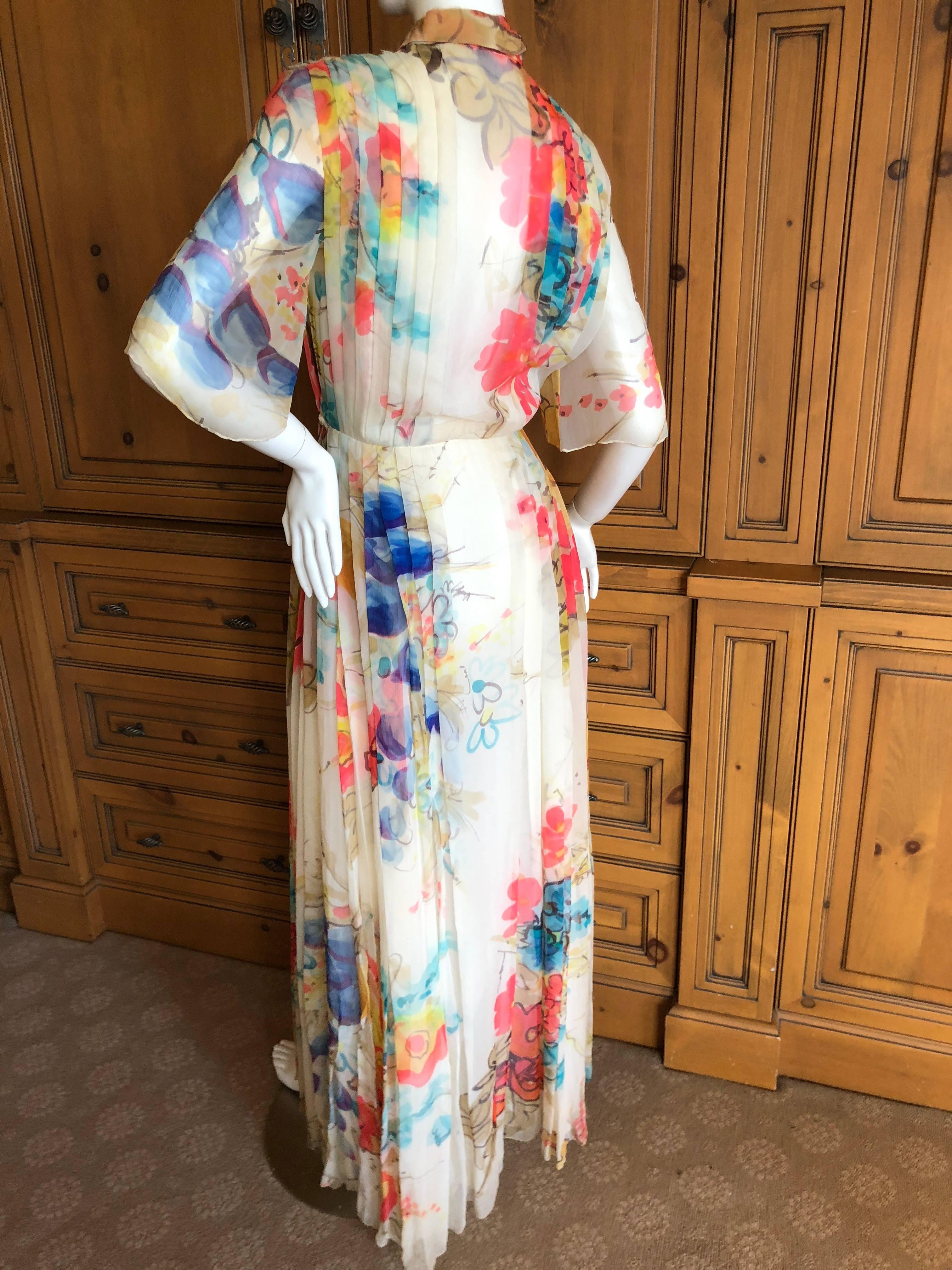 Cardinali Elegant Pleated Ivory Floral Silk Short Sleeve Evening Dress  For Sale 4