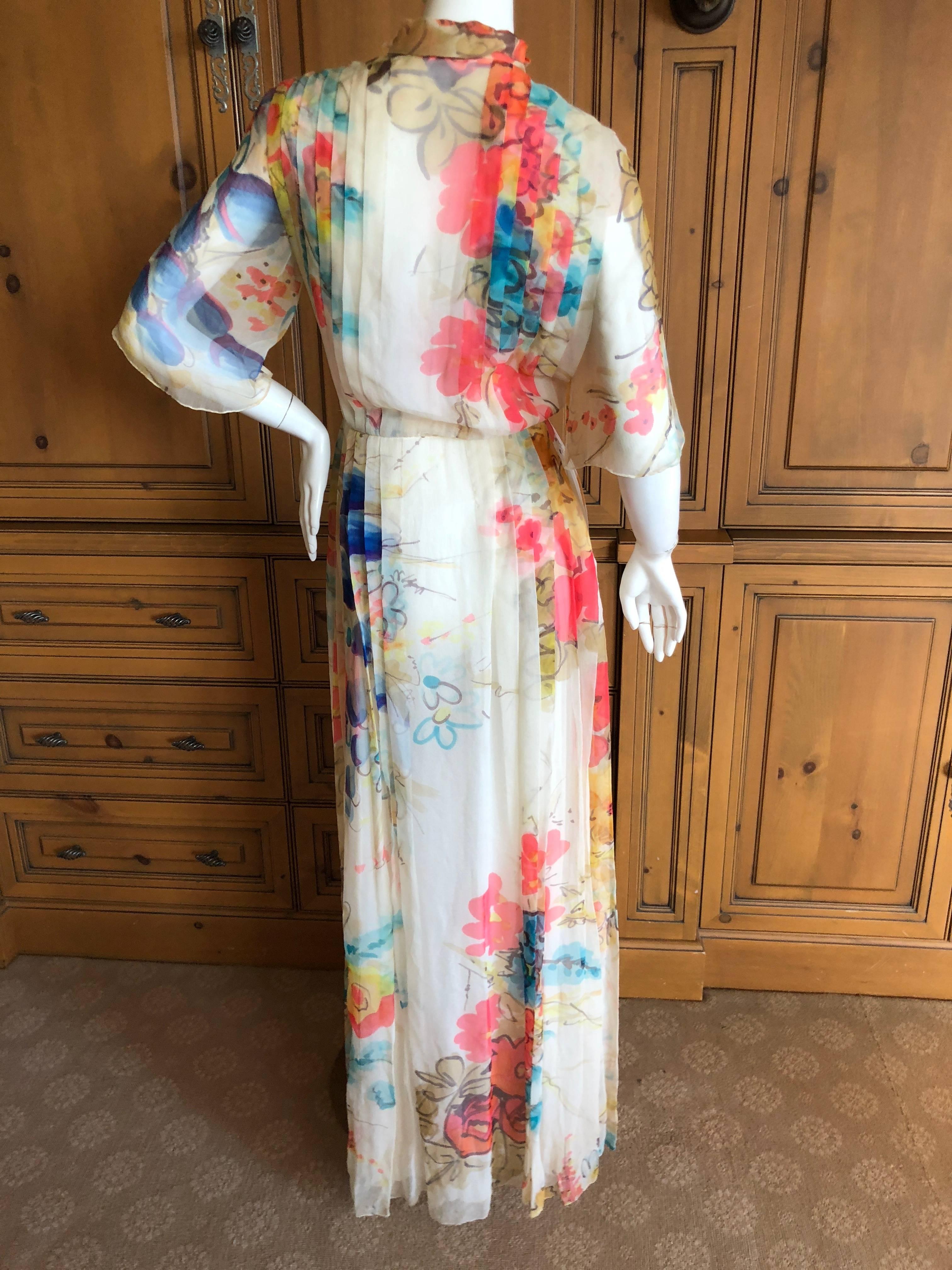 Cardinali Elegant Pleated Ivory Floral Silk Short Sleeve Evening Dress  For Sale 5