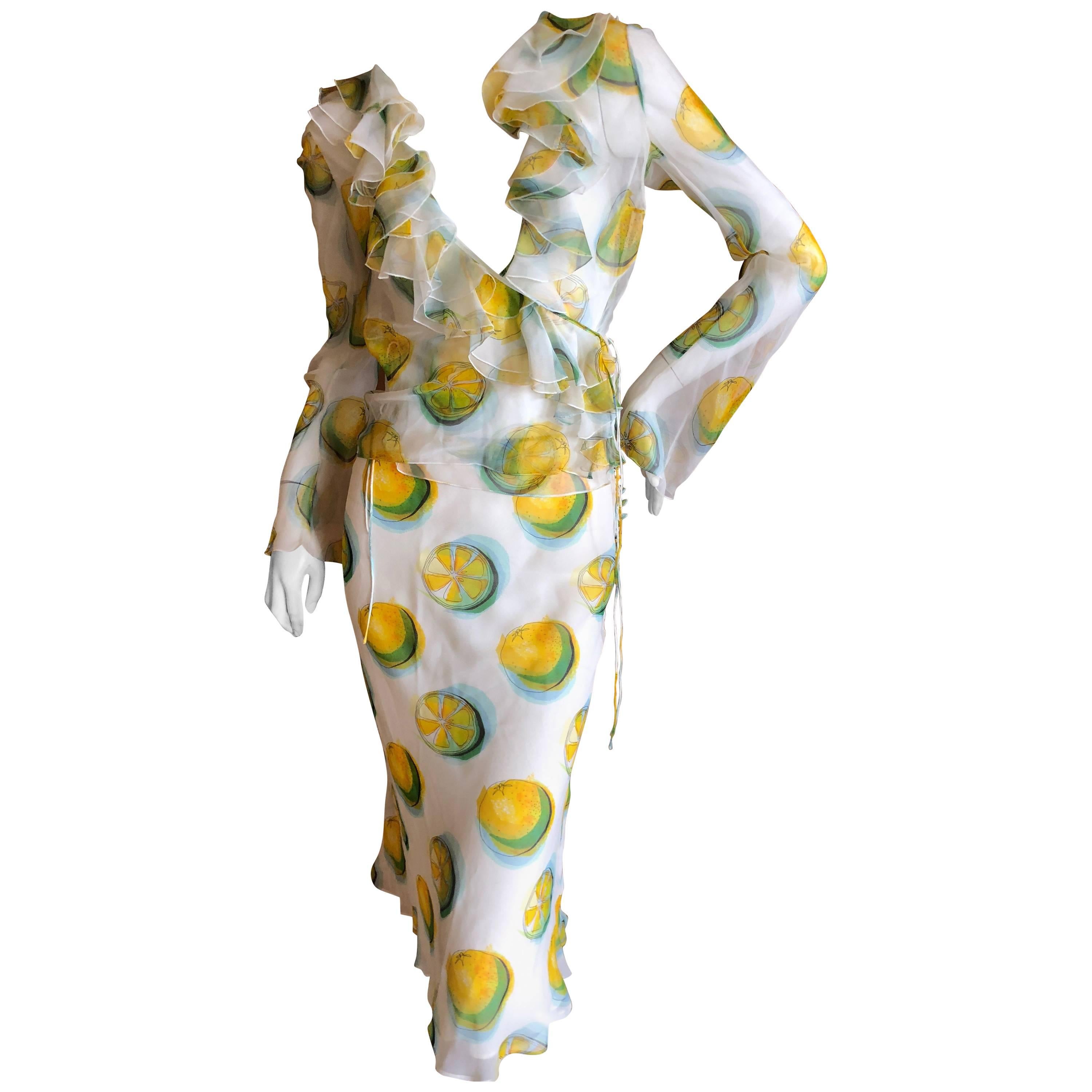 Christian Dior by Galliano 2004 Sheer Silk 2 Piece Ruffled Low Cut Lemon Dress  For Sale