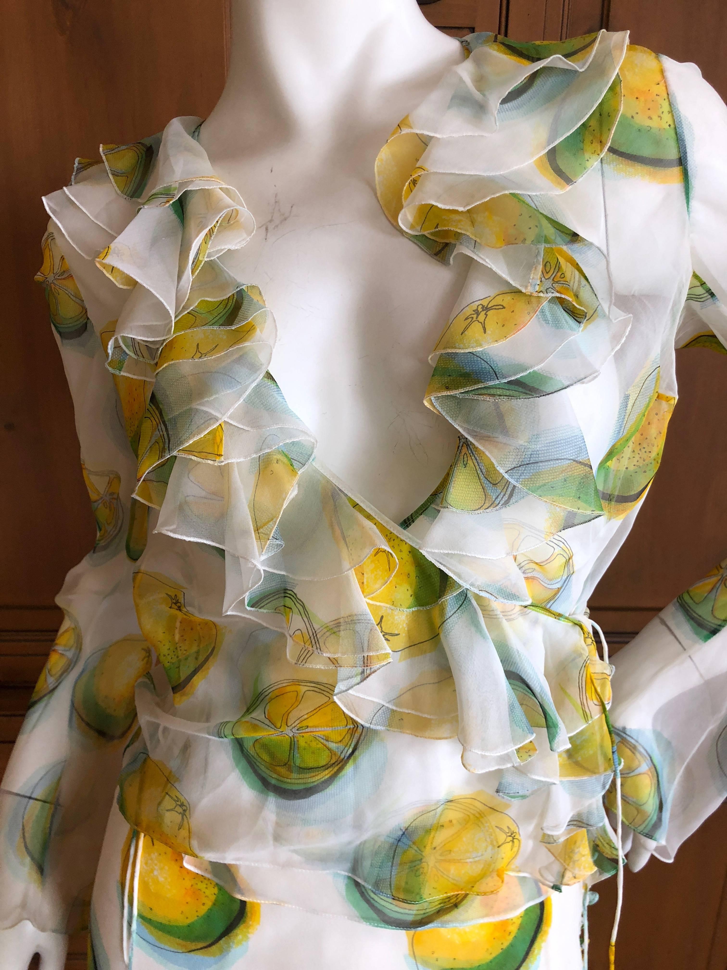 Christian Dior by Galliano 2004 Sheer Silk 2 Piece Ruffled Low Cut Lemon Dress  In Excellent Condition For Sale In Cloverdale, CA