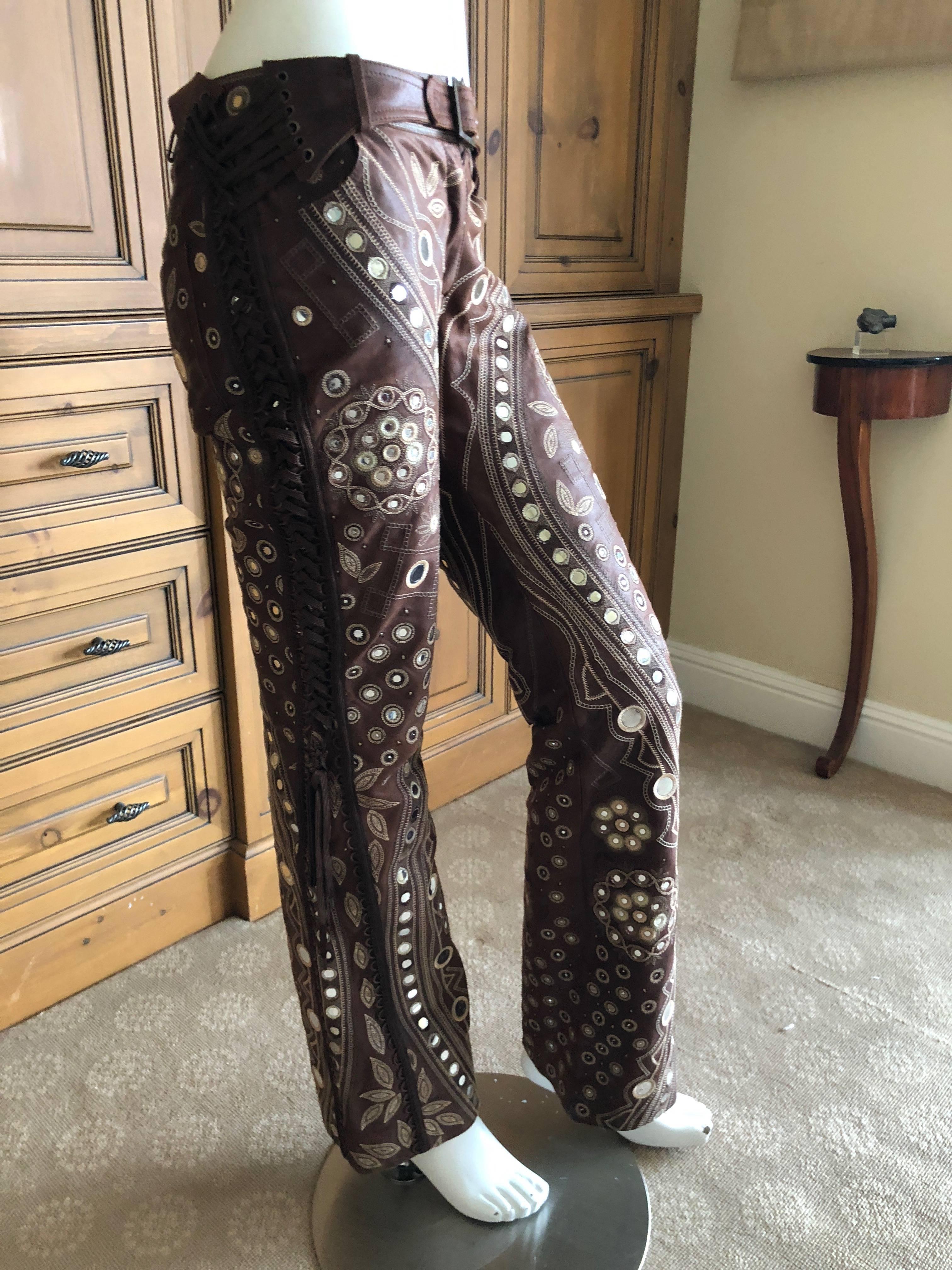 Women's Christian Dior by John Galliano Brown Leather Embellished Pants w Lace Up Sides