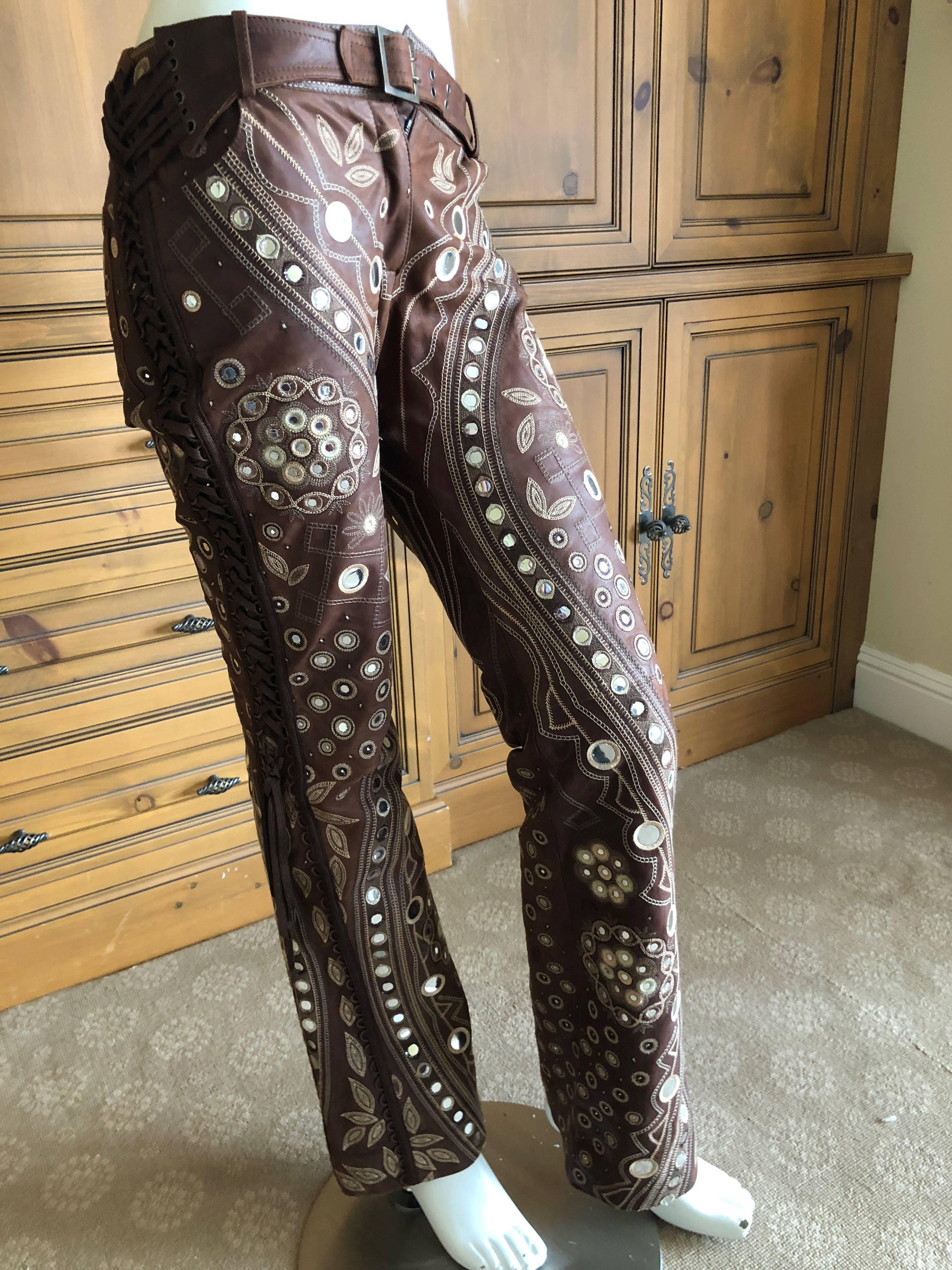 Christian Dior by John Galliano Brown Leather Embellished Pants w Lace Up Sides 1