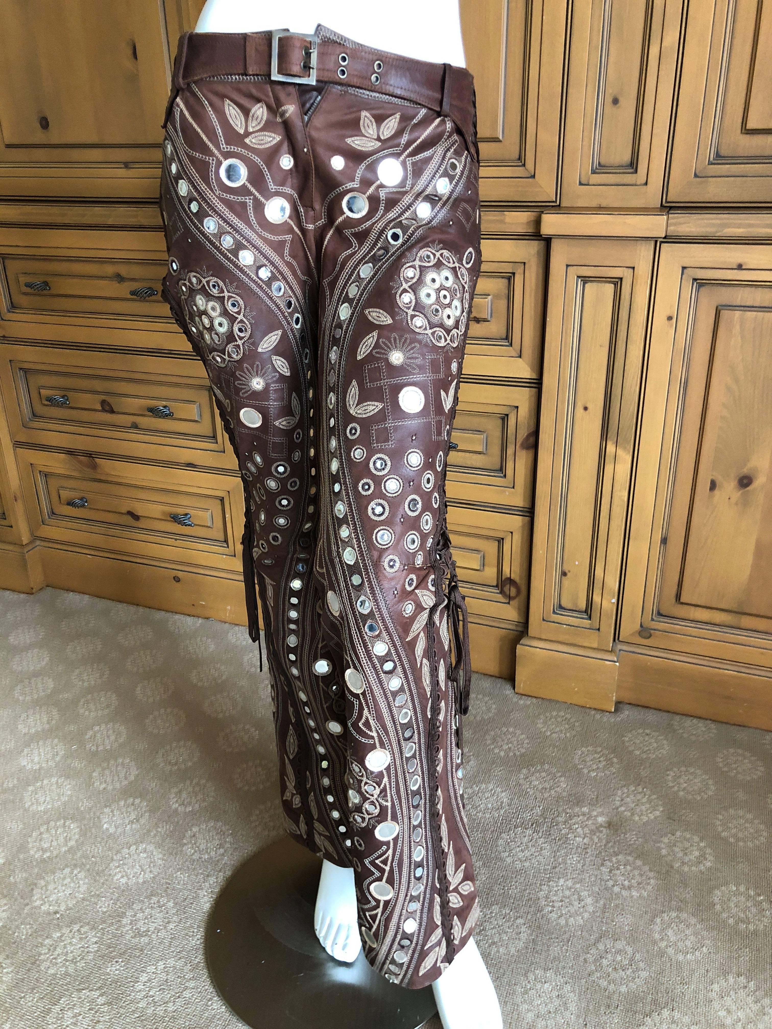 Christian Dior by John Galliano Brown Leather Embellished Pants w Lace Up Sides 2
