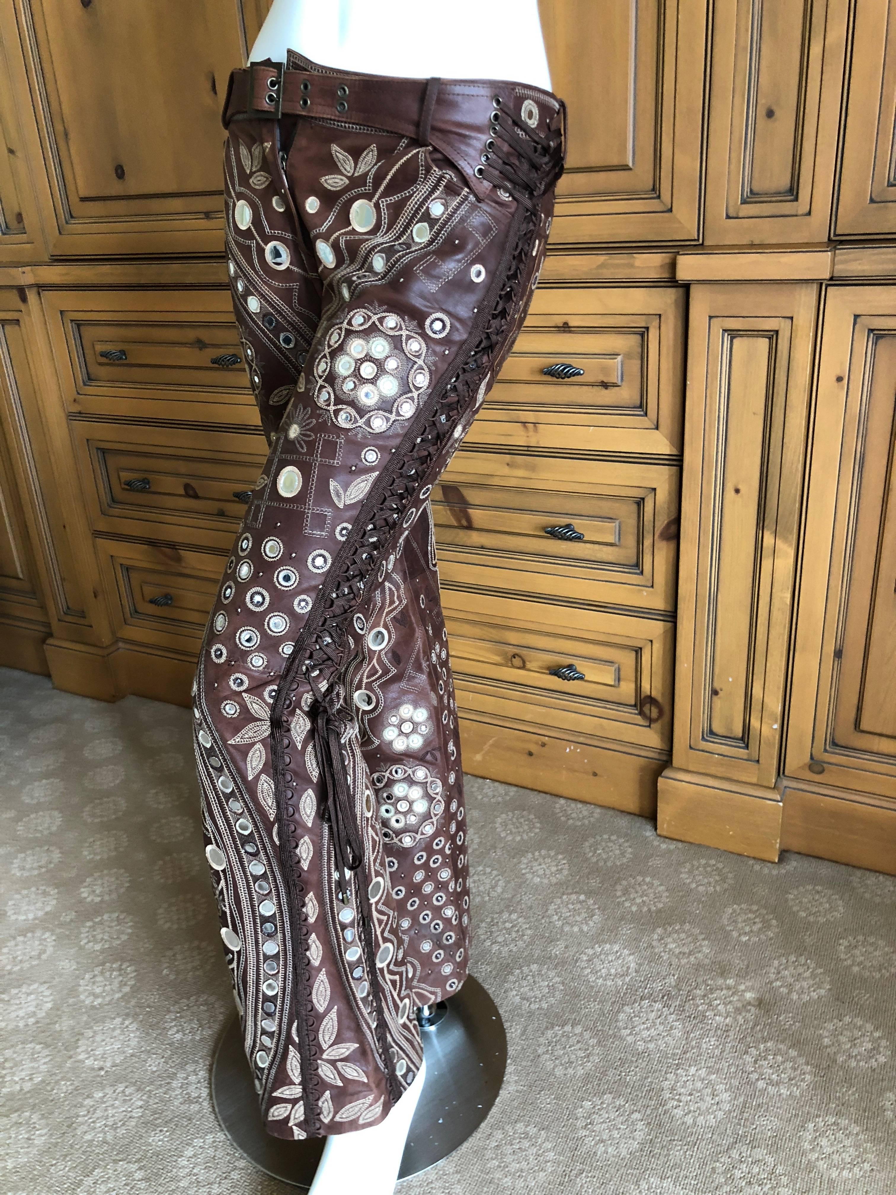 Christian Dior by John Galliano Brown Leather Embellished Pants w Lace Up Sides 3