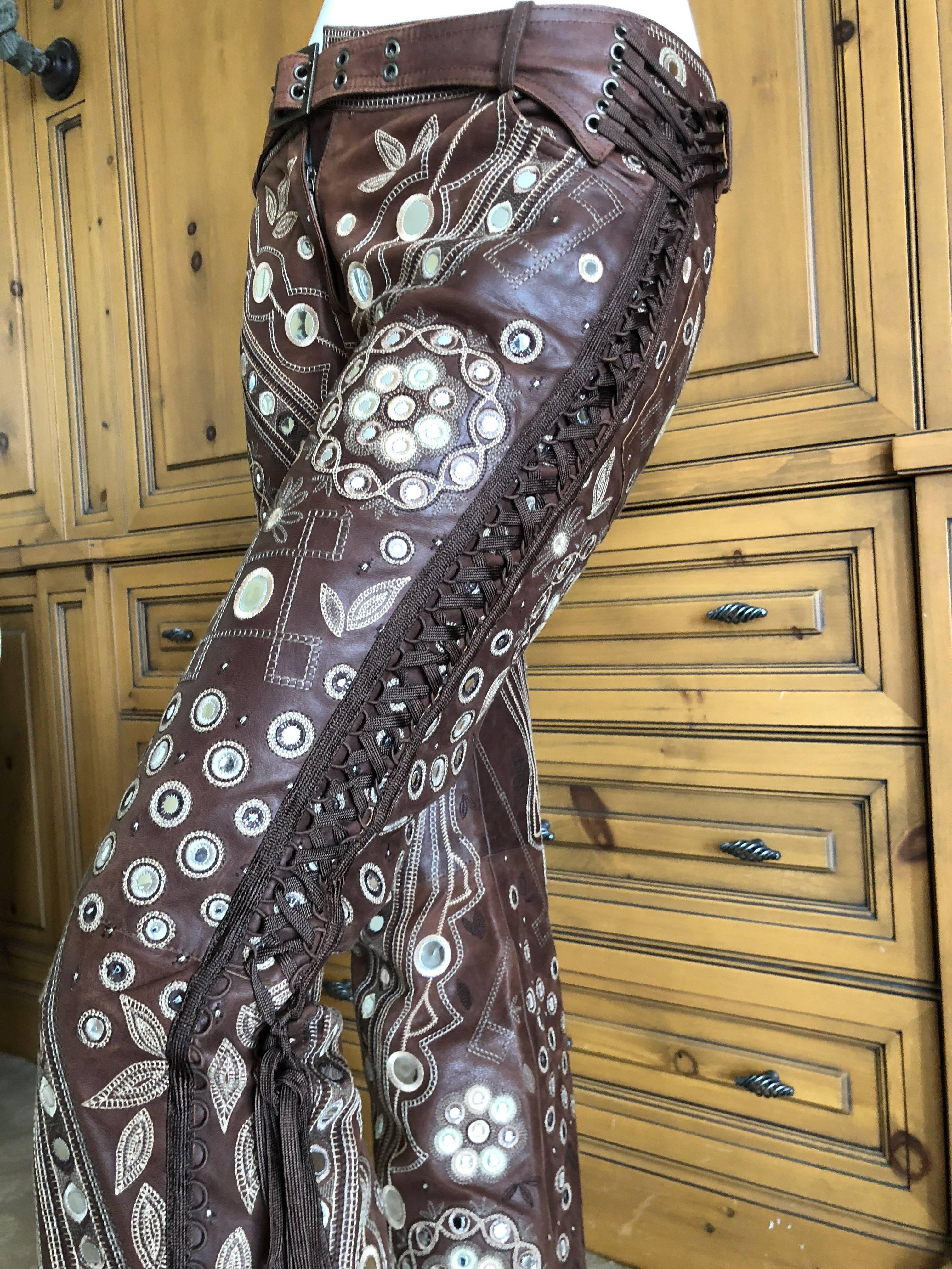 Christian Dior by John Galliano Brown Leather Embellished Pants w Lace Up Sides 5