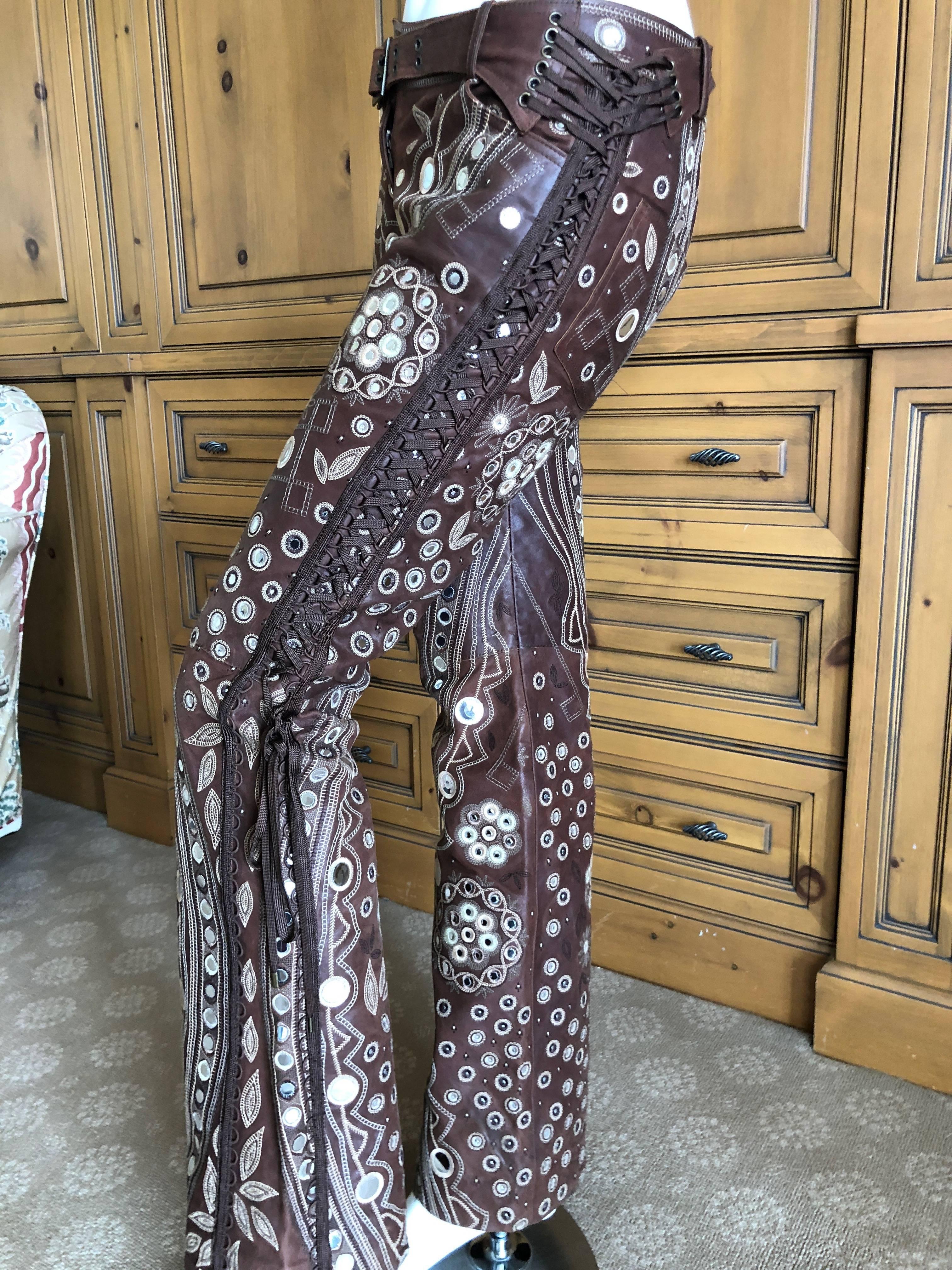 Christian Dior by John Galliano Brown Leather Embellished Pants w Lace Up Sides 6