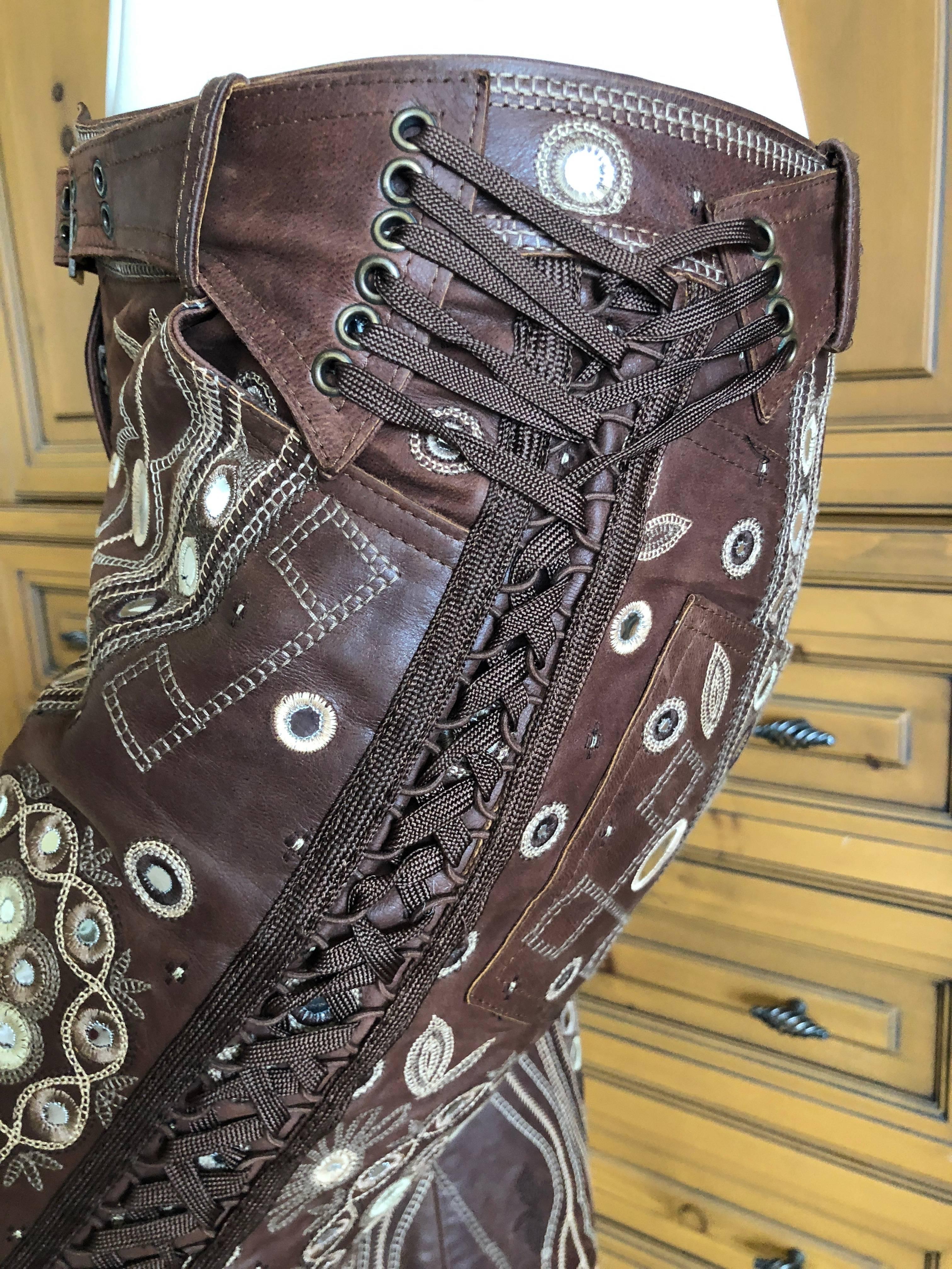Christian Dior by John Galliano Brown Leather Embellished Pants w Lace Up Sides 7
