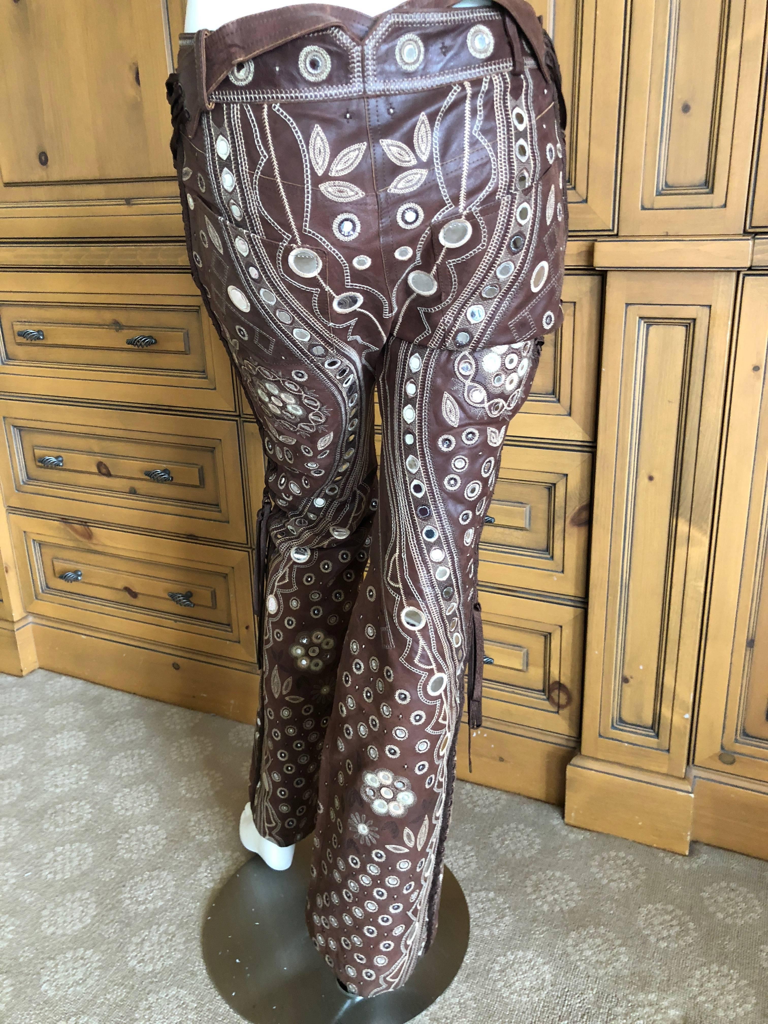 Christian Dior by John Galliano Brown Leather Embellished Pants w Lace Up Sides 8