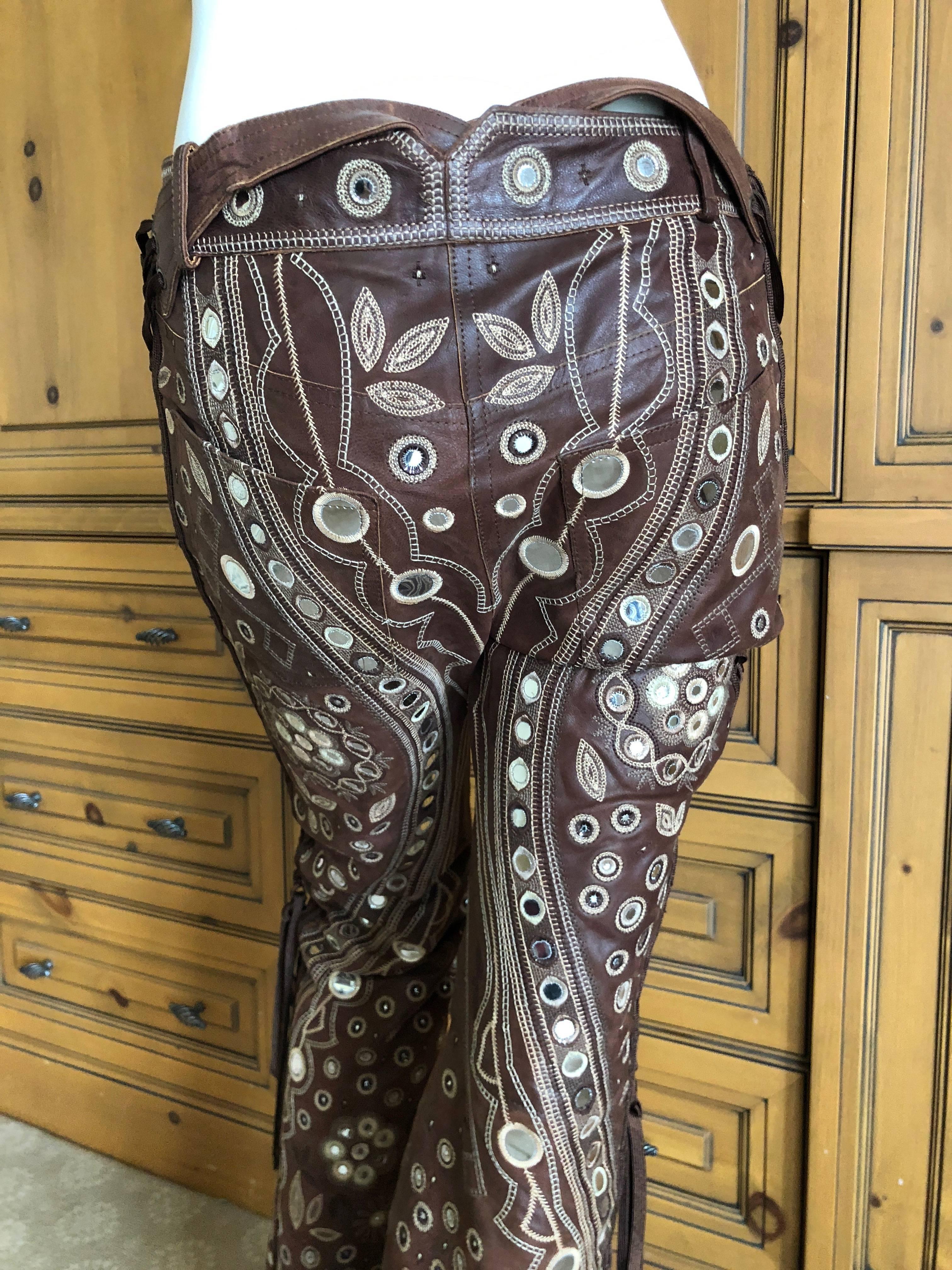 Christian Dior by John Galliano Brown Leather Embellished Pants w Lace Up Sides 9