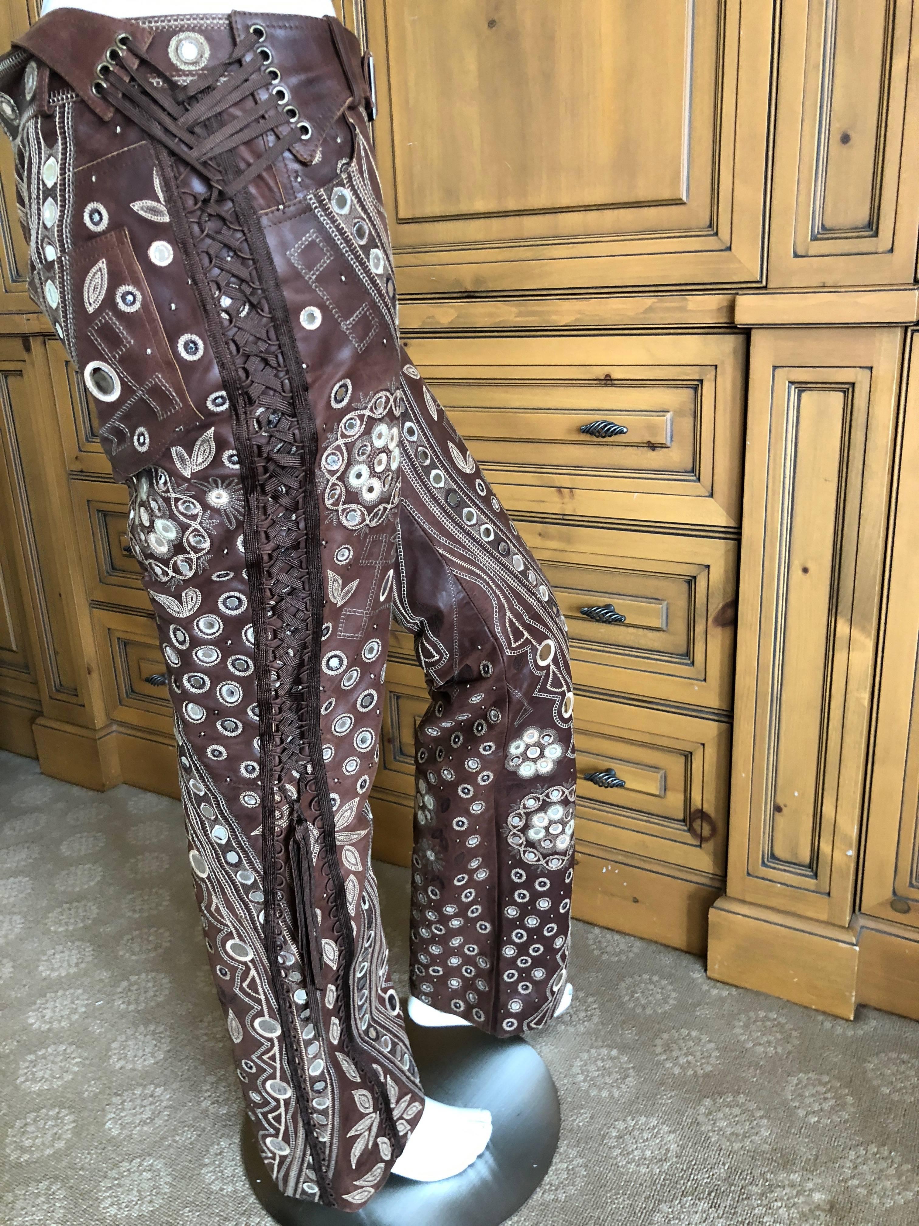 Christian Dior by John Galliano Brown Leather Embellished Pants w Lace Up Sides 10