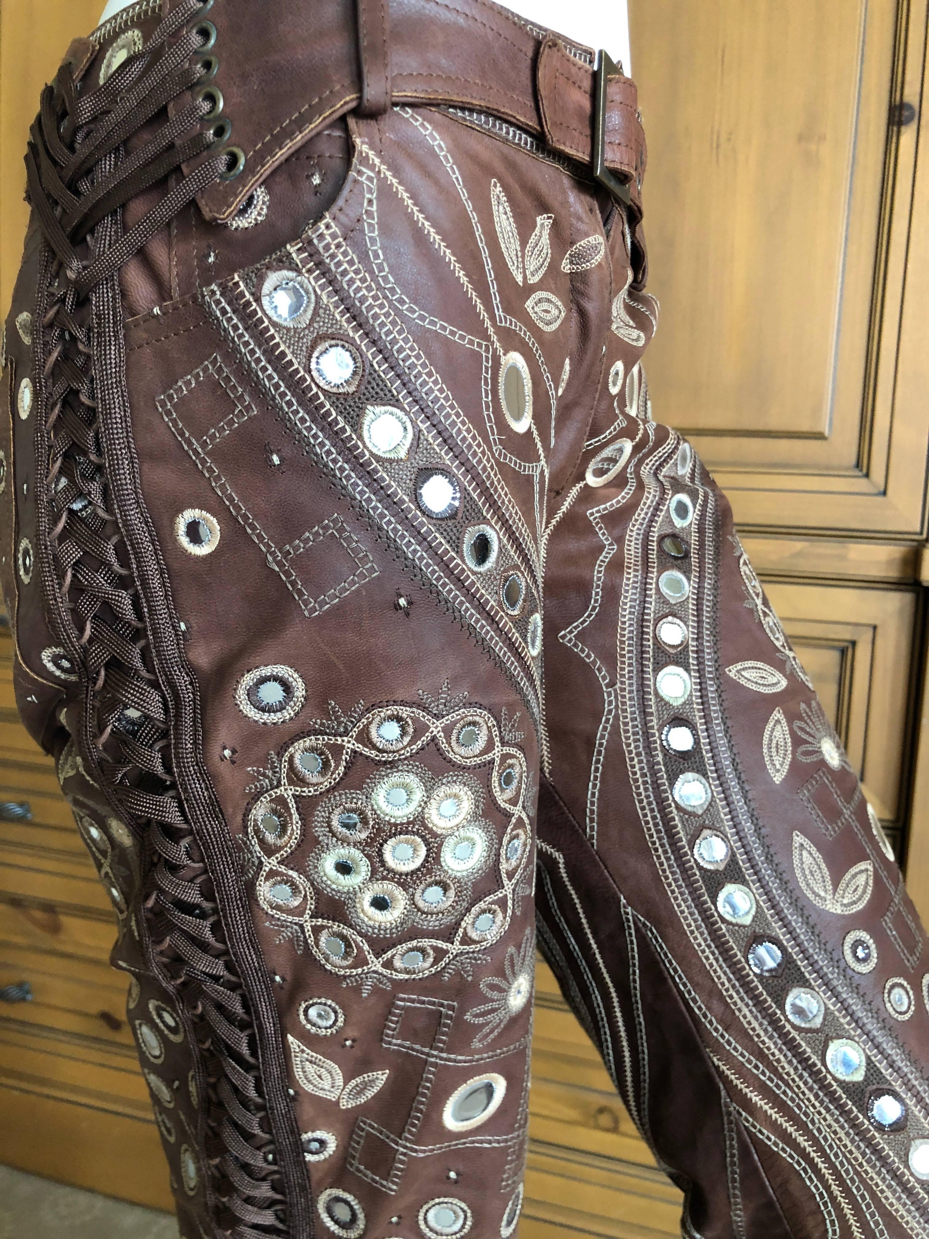 Christian Dior by John Galliano Brown Leather Embellished Pants w Lace Up Sides 11