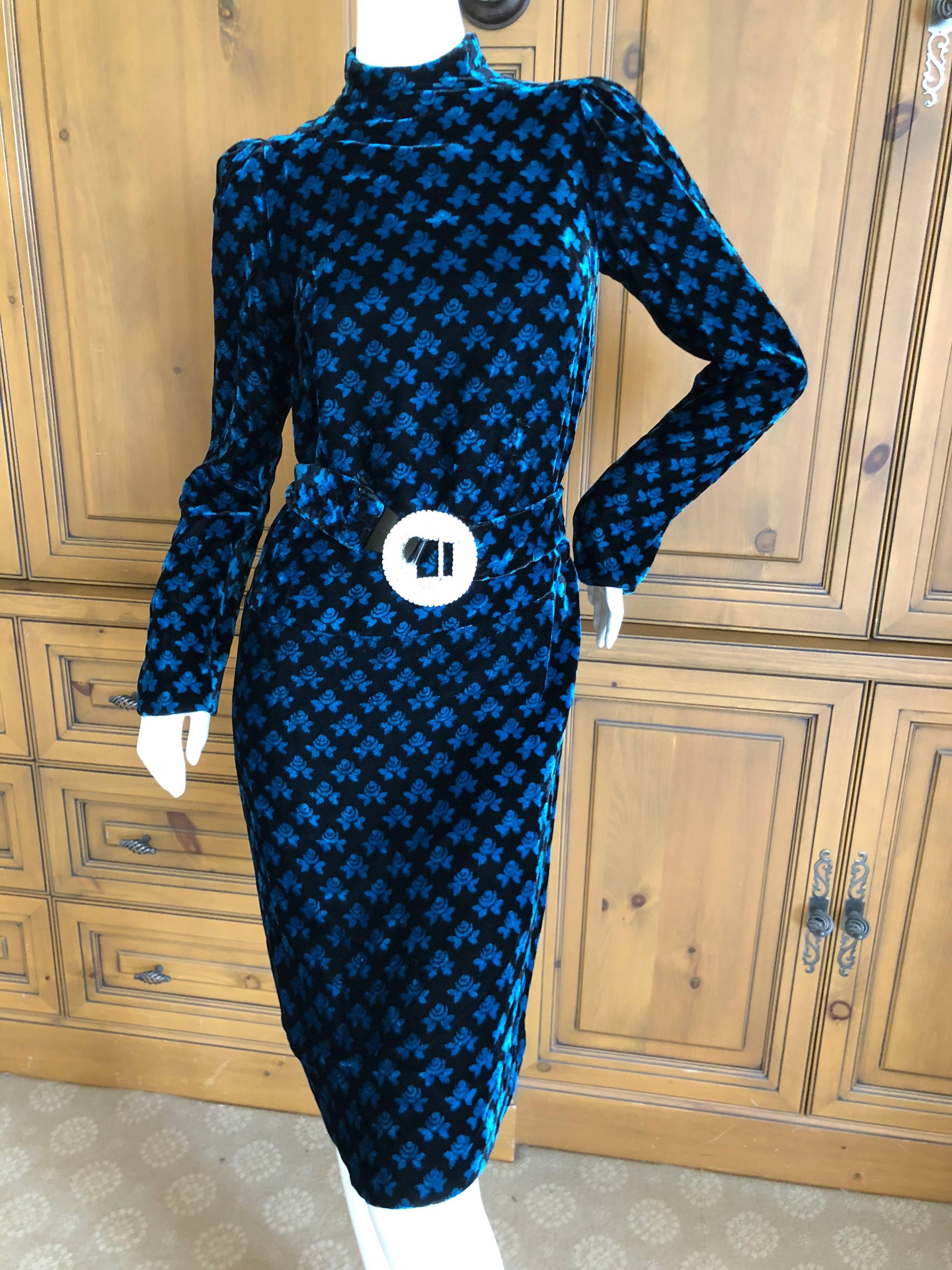 Cardinali 1970's Navy Blue Velvet Cocktail Dress with Rhinestone Crystal Belt For Sale 1