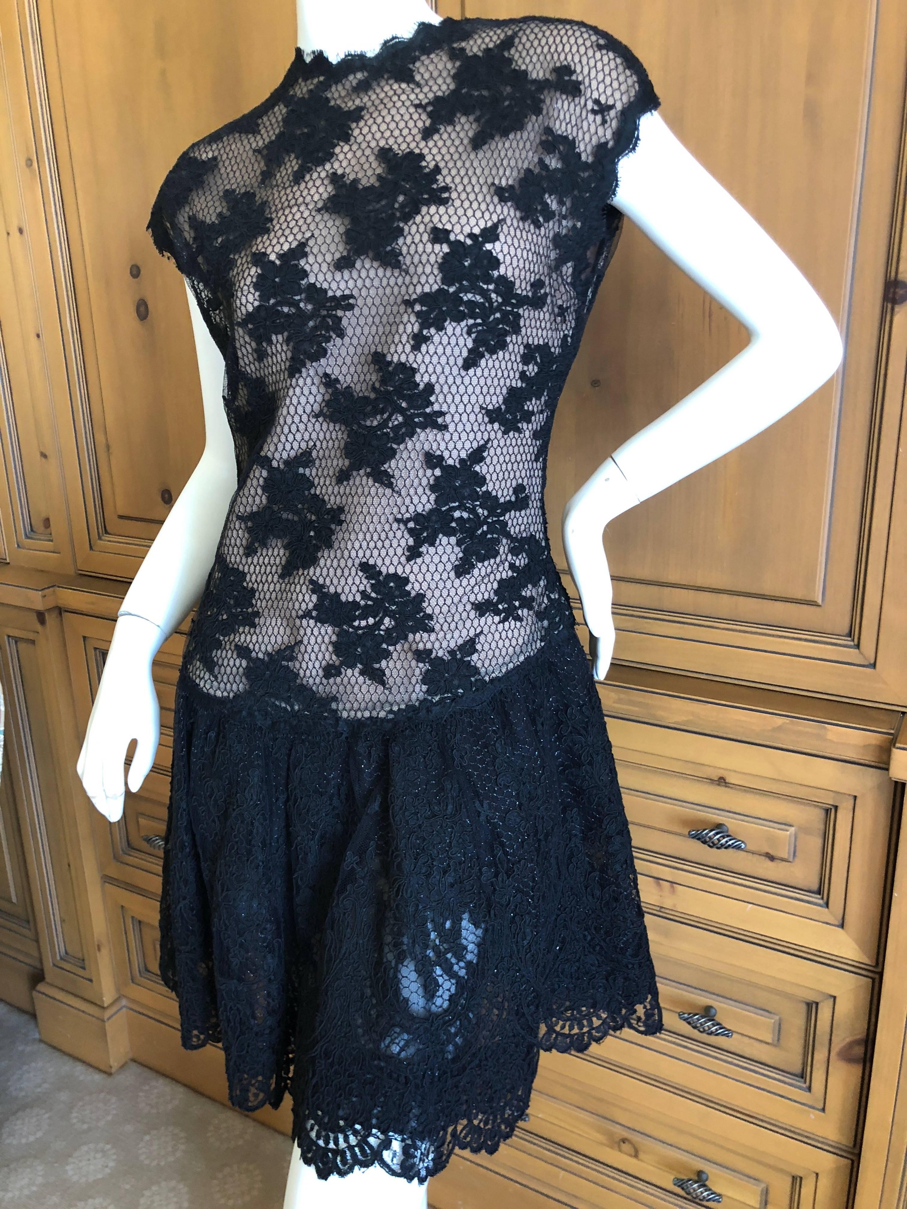 Black Geoffrey Beene Vintage Metallic Accented Lace Dress with Scallop Edges For Sale