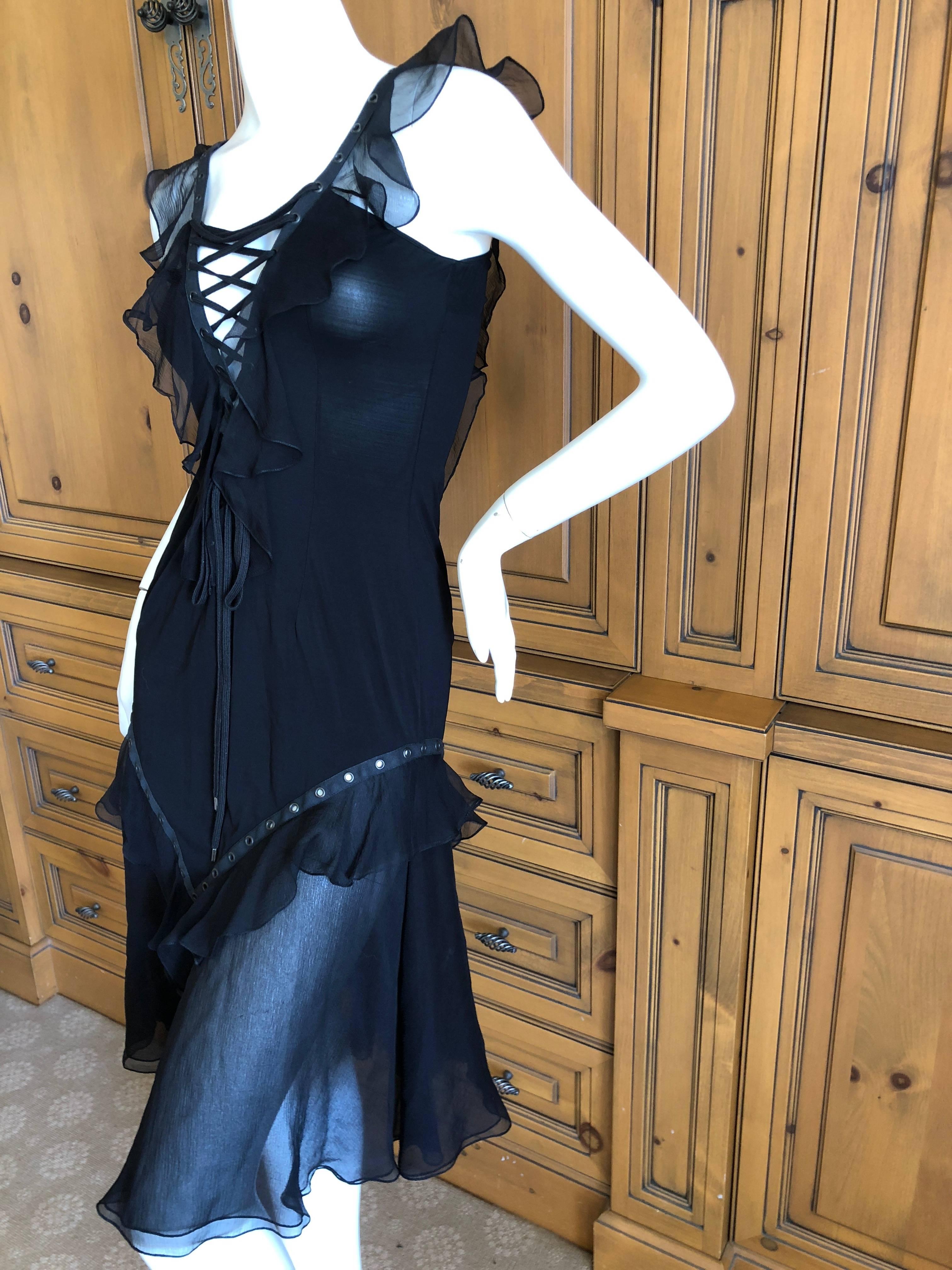 Christian Dior by John Galliano Black Silk Chiffon Corset Lace Ruffled Dress For Sale 3