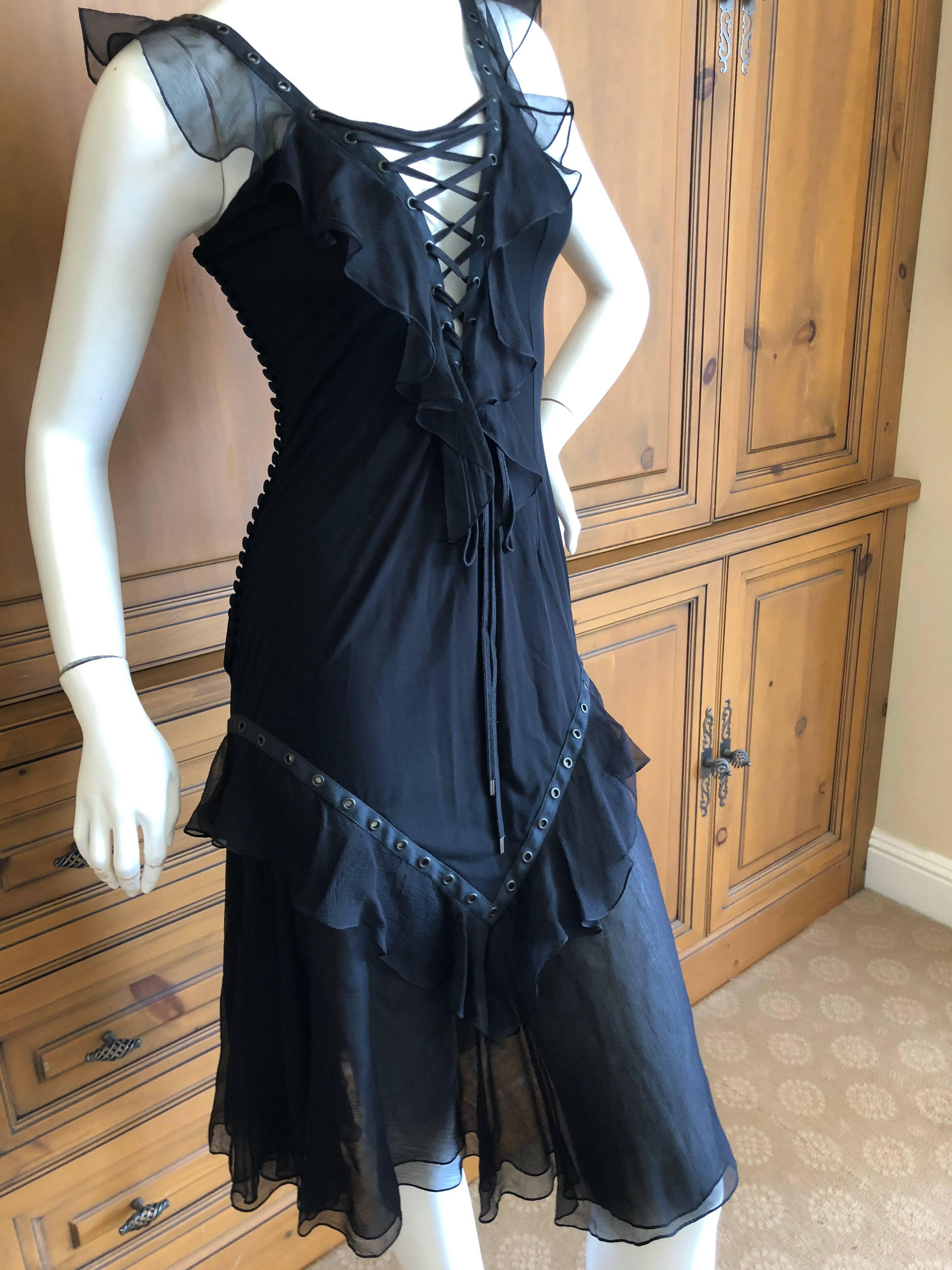 Women's Christian Dior by John Galliano Black Silk Chiffon Corset Lace Ruffled Dress For Sale