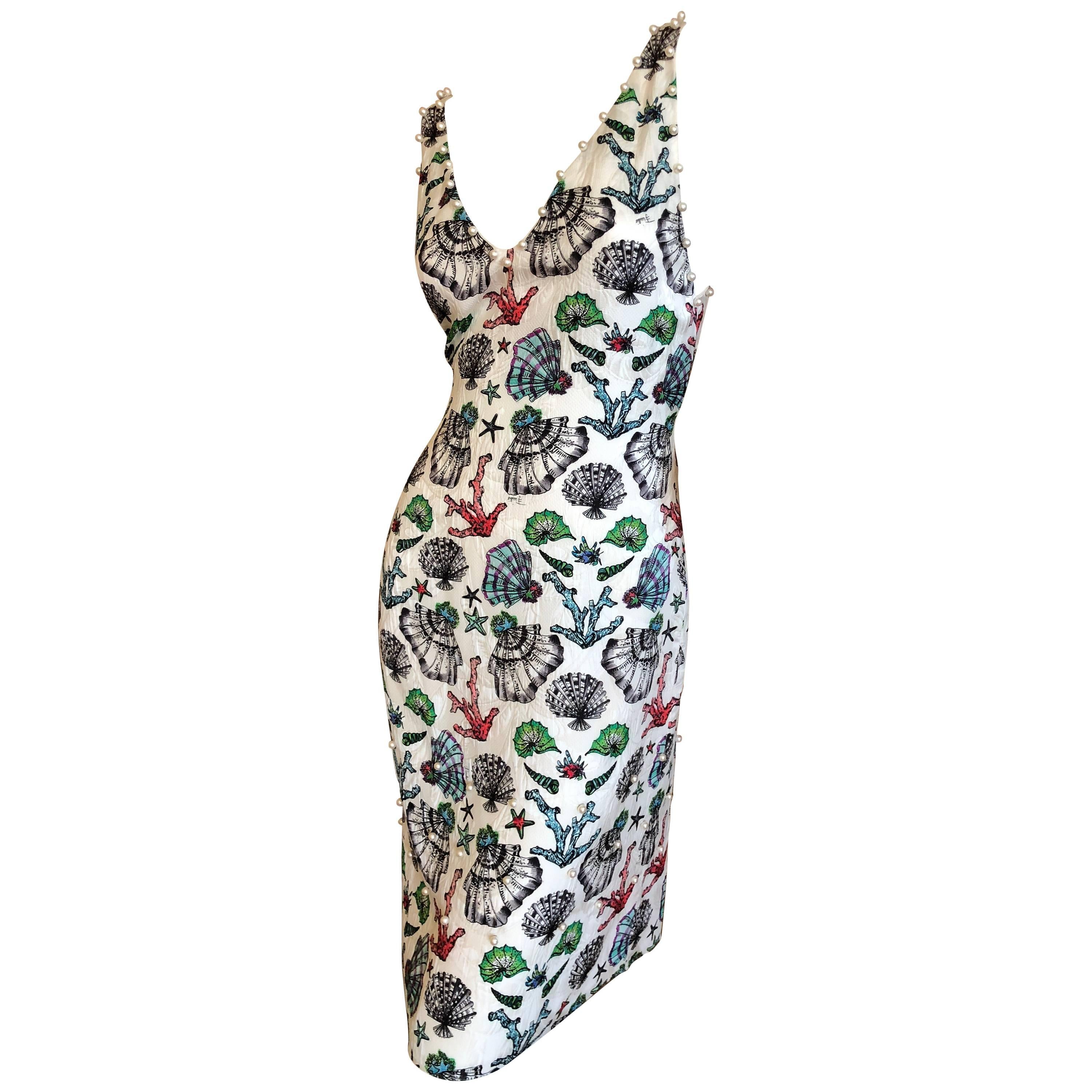 Emilio Pucci Pearl Trim Silk Seashell Print Day Dress For Sale