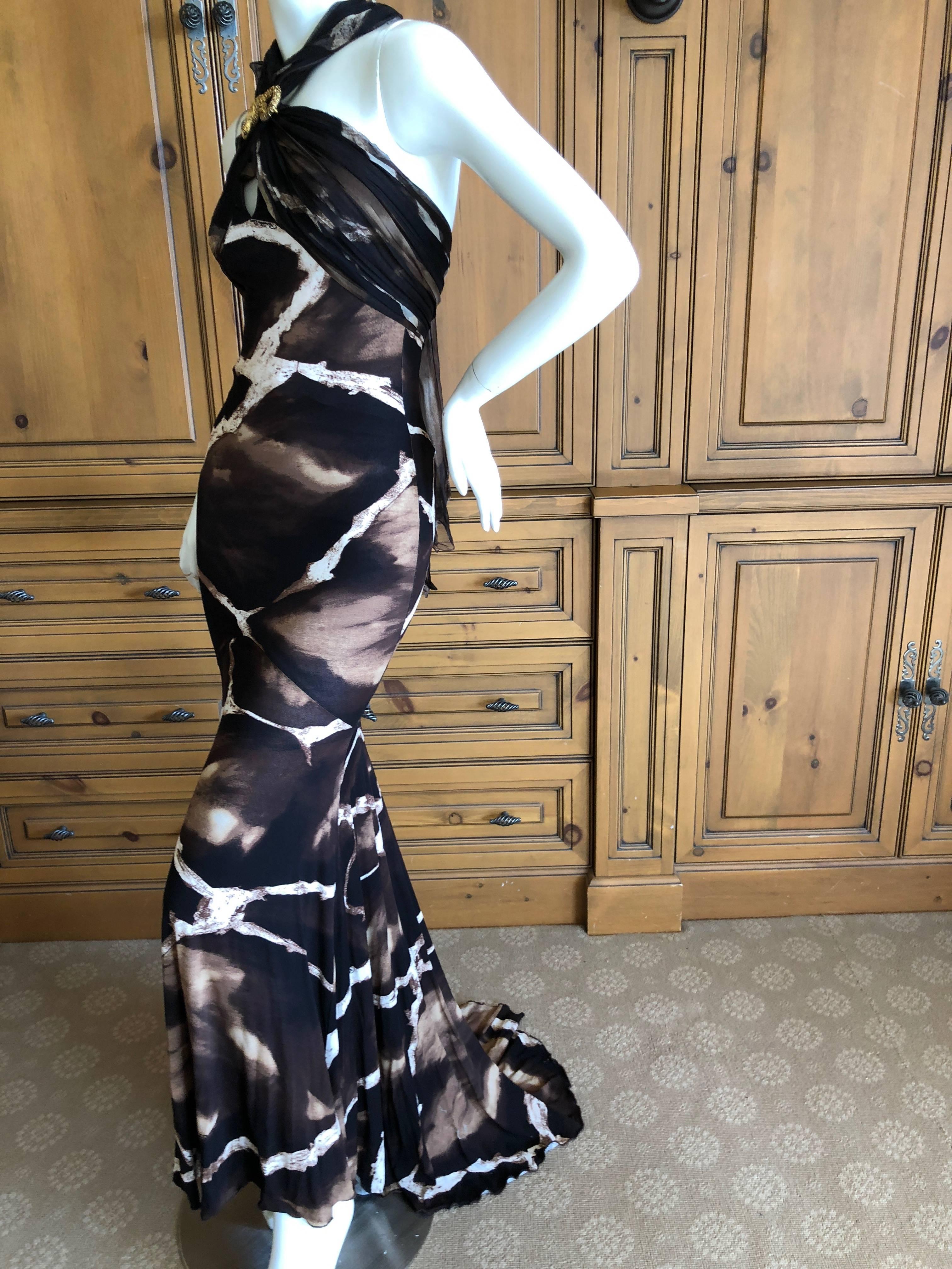 Roberto Cavalli Vintage 1980's Animal Print Evening Dress with Train and Scarf.
Comes with a long matching infinity scarf.
This is so pretty, and features an inner bodysuit, see photo, with train.
Bust  35