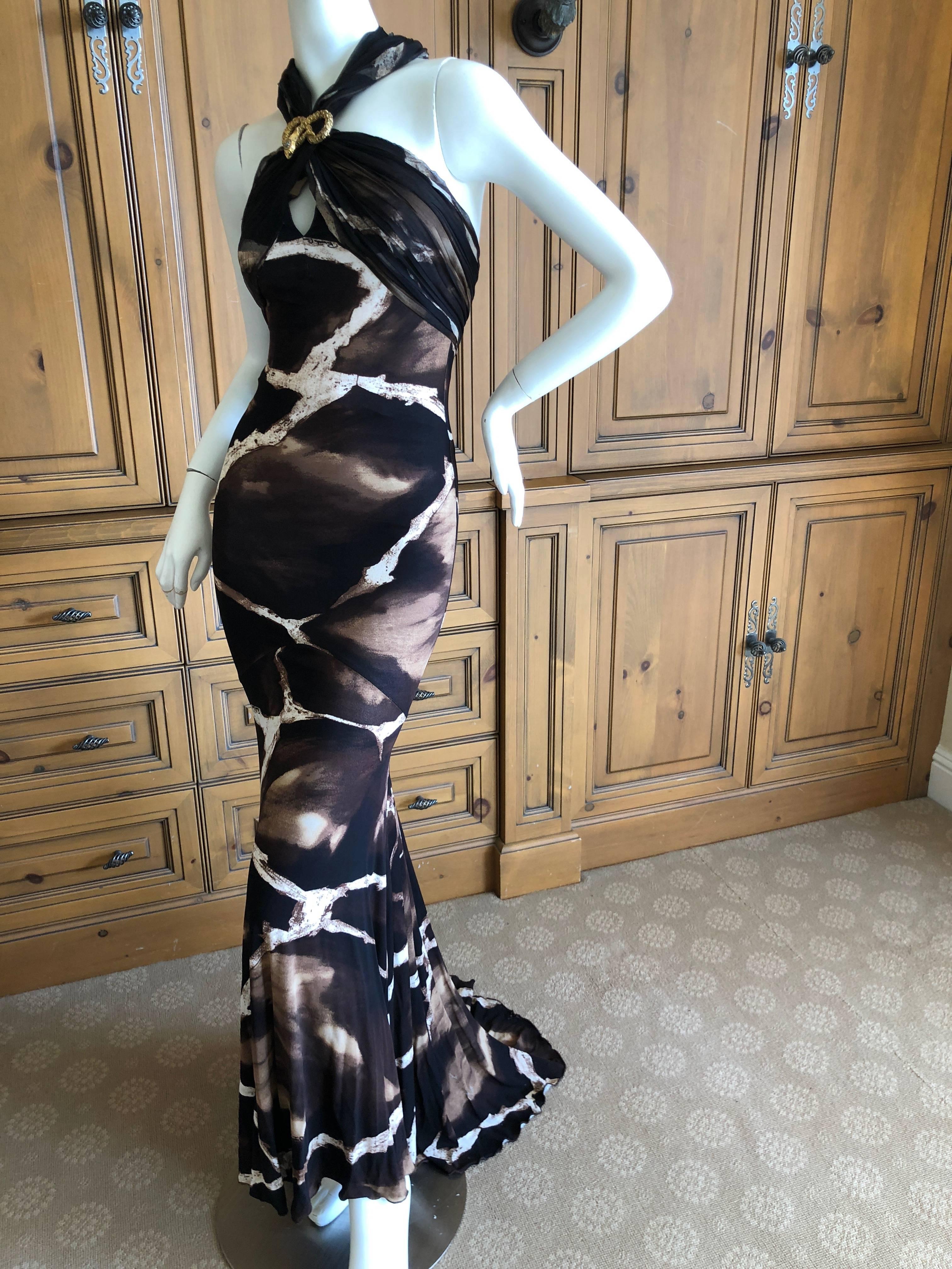 Roberto Cavalli Vintage 1980's Animal Print Evening Dress with Train and Scarf In Excellent Condition For Sale In Cloverdale, CA
