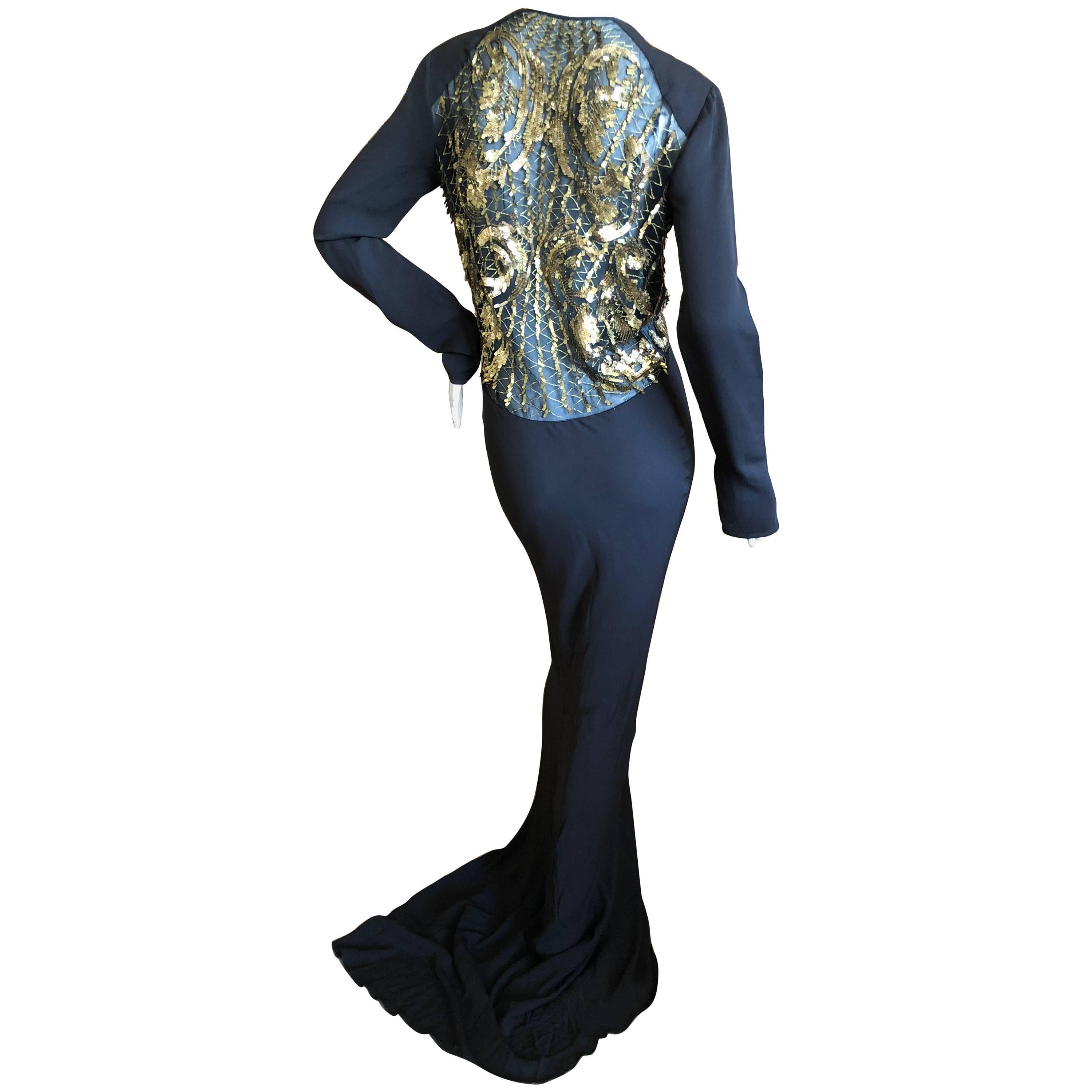 Roberto Cavalli Vintage Black Sheer Back Gold Sequin Embellished Evening Dress