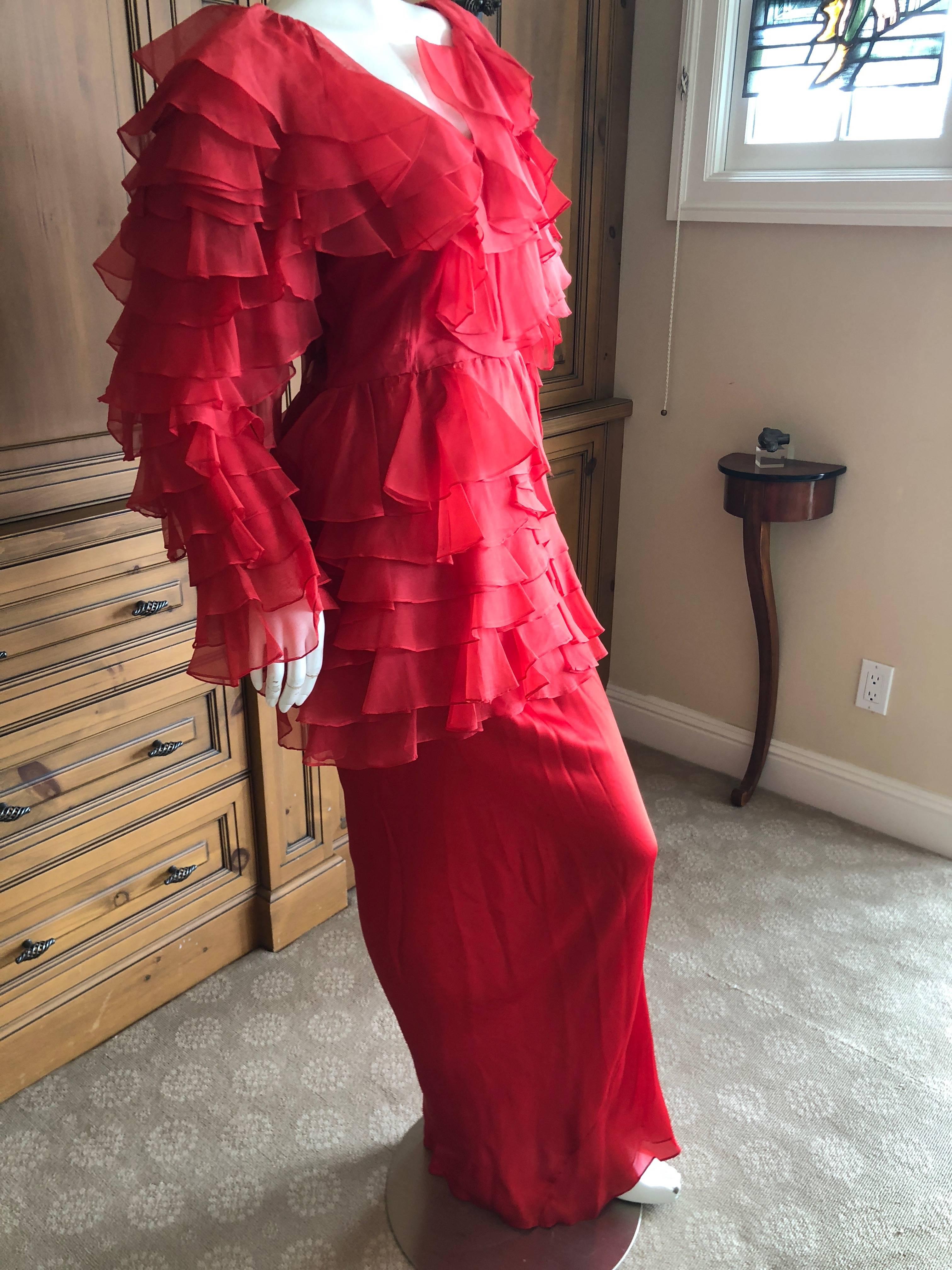Cardinali 1970s Scarlet Red Ruffled Top and Bias Cut Silk Skirt with Fascinator In Good Condition For Sale In Cloverdale, CA