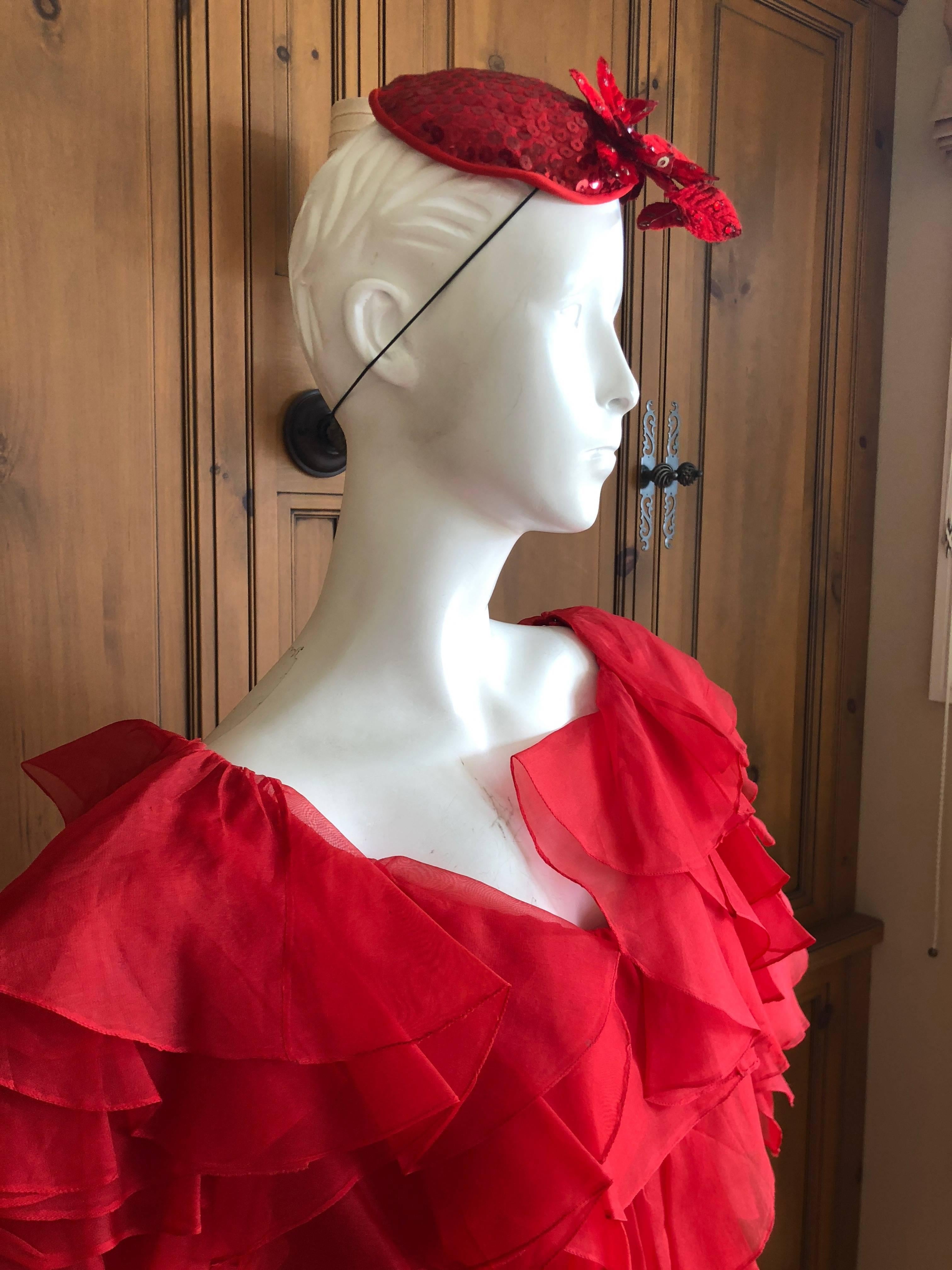 Women's Cardinali 1970s Scarlet Red Ruffled Top and Bias Cut Silk Skirt with Fascinator For Sale